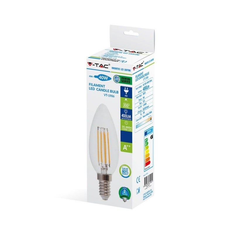 Lampadina a candela E14 a filamento LED da 4 W, brevettata, VT-1986 - 6000 K - 6