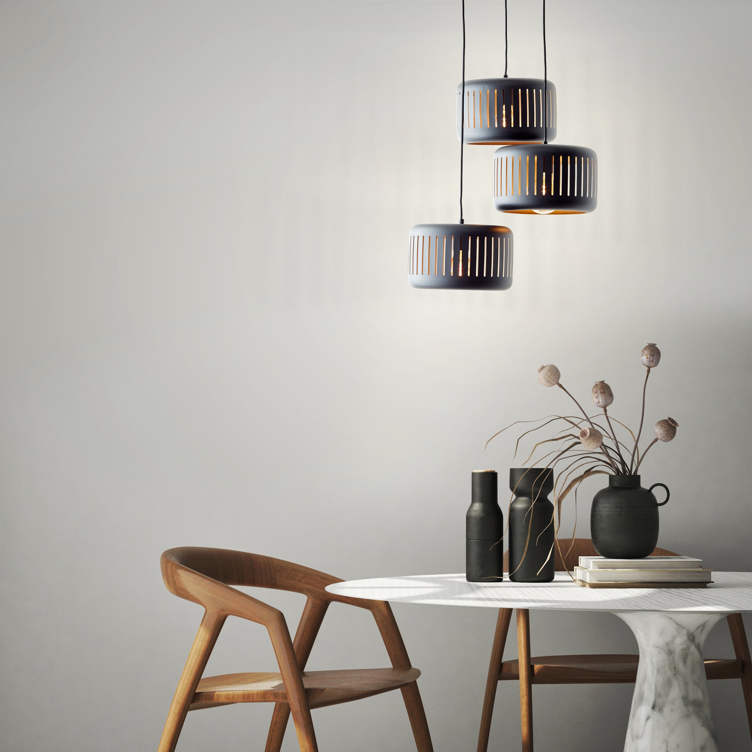 Brilliant lampa wisząca 3-punktowa Tyas czarny/złoty metal/czarny bambus 3x A60, E27, 60 W - 6