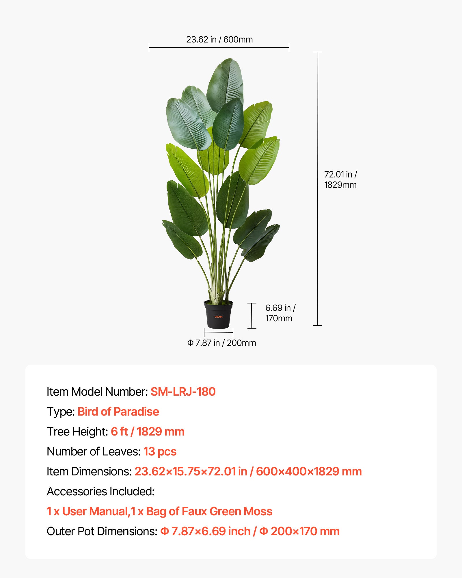 Ave del Paraíso Artificial 1,8 m VEVOR, Planta Tropical en Maceta con Hojas PE para Salón, Oficina e Interior - 7