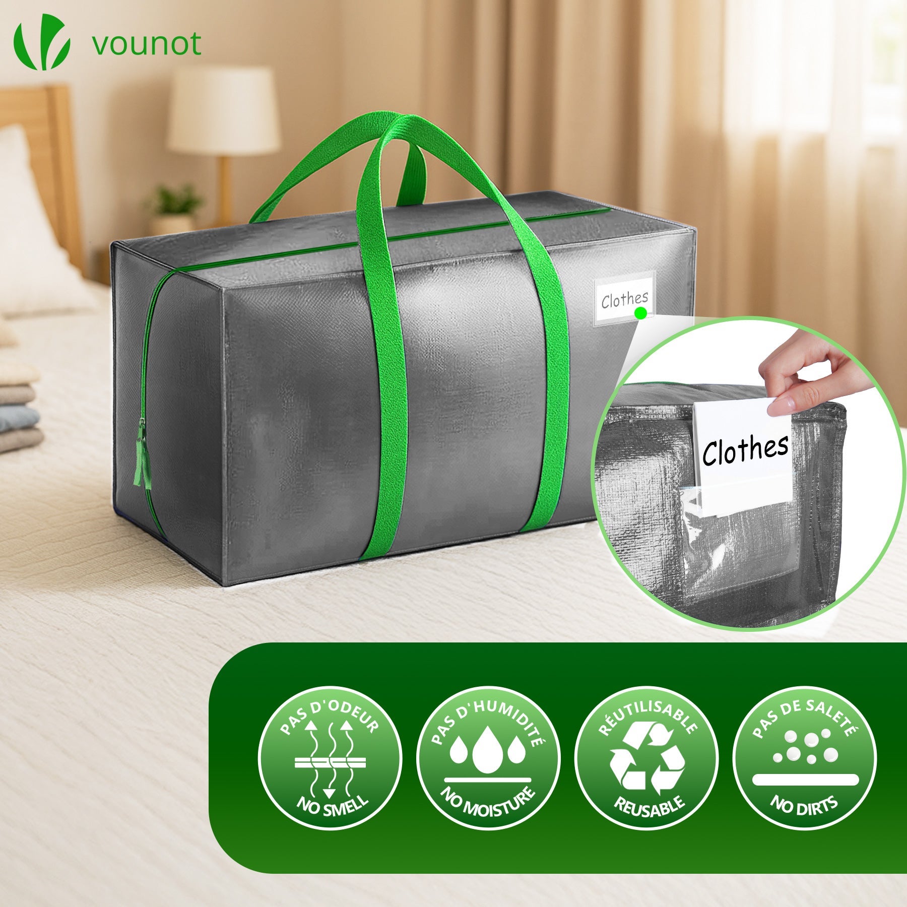 Lot de 5 sacs de déménagement grand format - sacs de rangement avec sangles de sac à dos et poignée - gris - VOUNOT® - 5