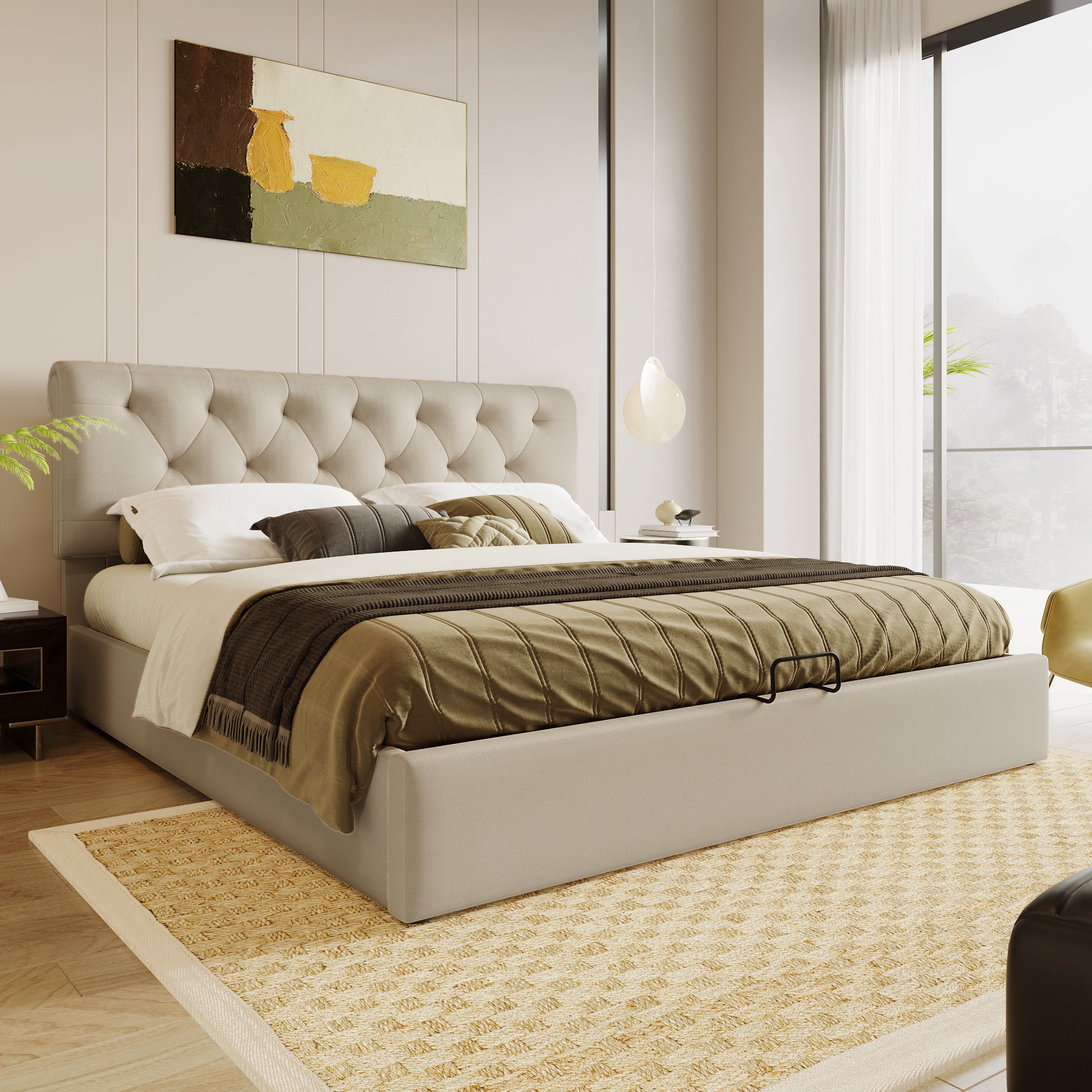 Lit double 140 x 200 cm, avec tête de lit rembourrée et cadre à lattes en bois, tissu velours, en forme de pétale, beige - Maison Lit double 140 x 200 cm, avec tête de lit rembourrée et cadre à lattes en bois, tissu velours, en forme de pétale, beige - Maison