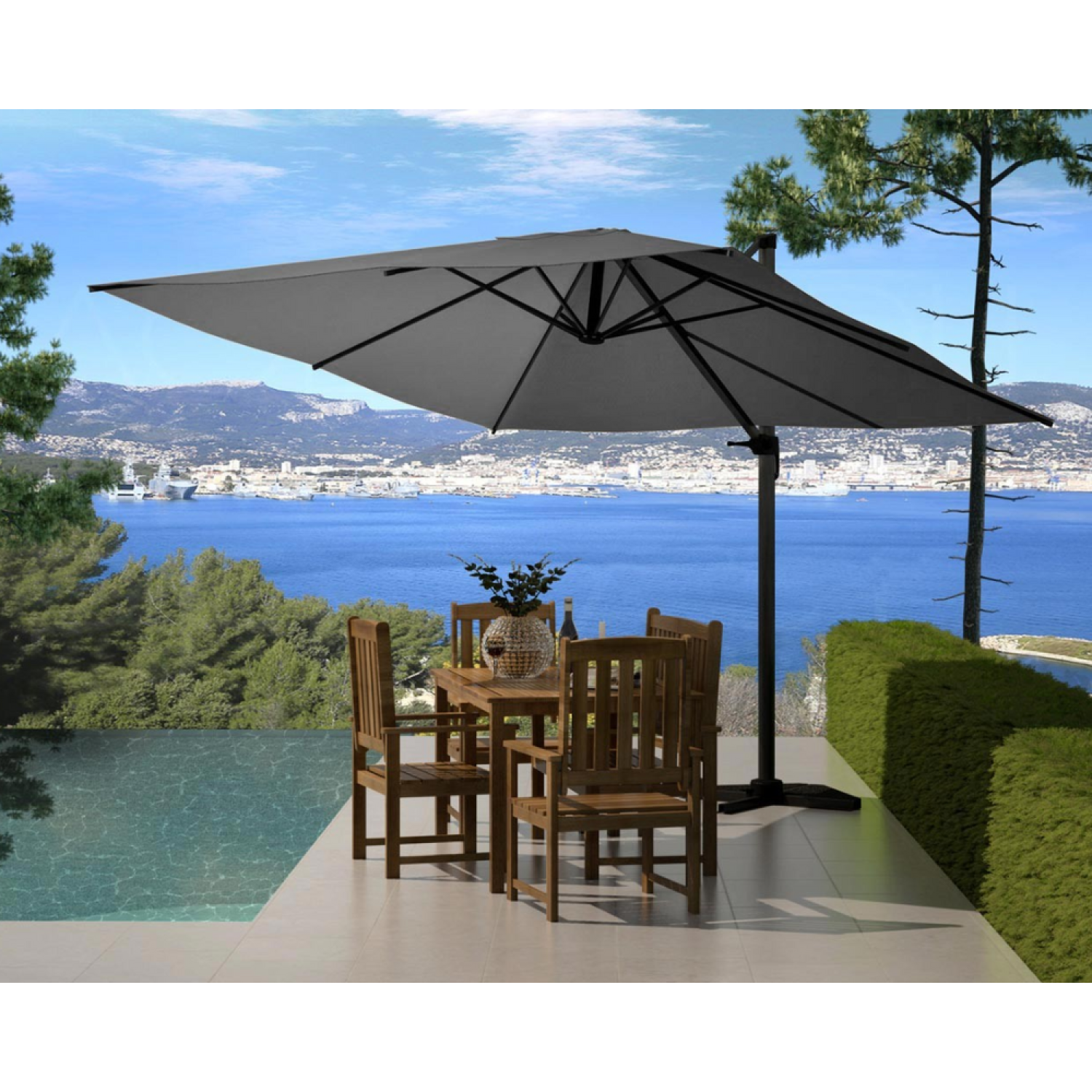 Parasol gris déporté carré 3 x 3 m rotatif à 360 PALATINO - 3