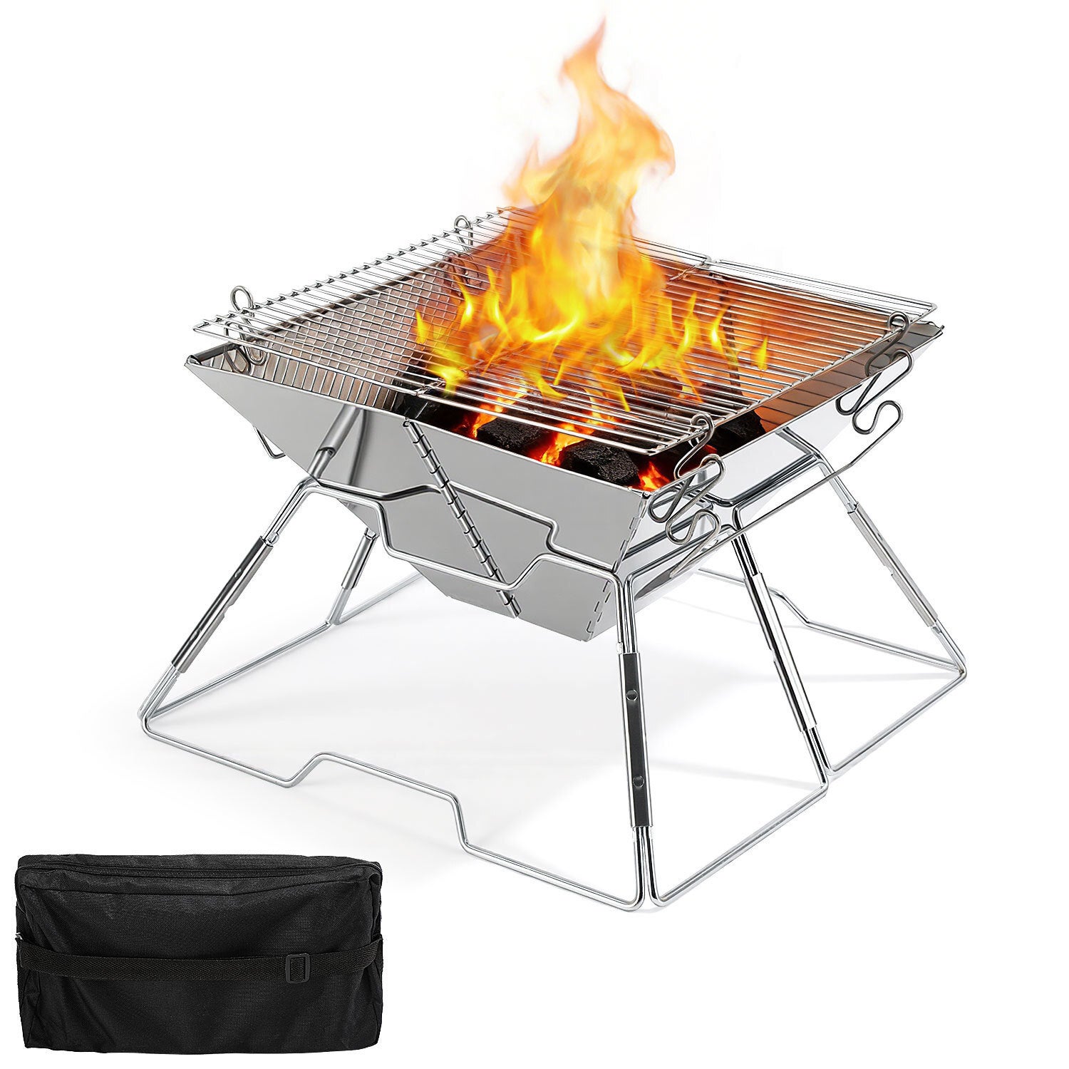 Składany grill na węgiel drzewny Klasyczny przenośny grill kempingowy z torbą transportową 31 x 31 x 21 cm Stal nierdzewna