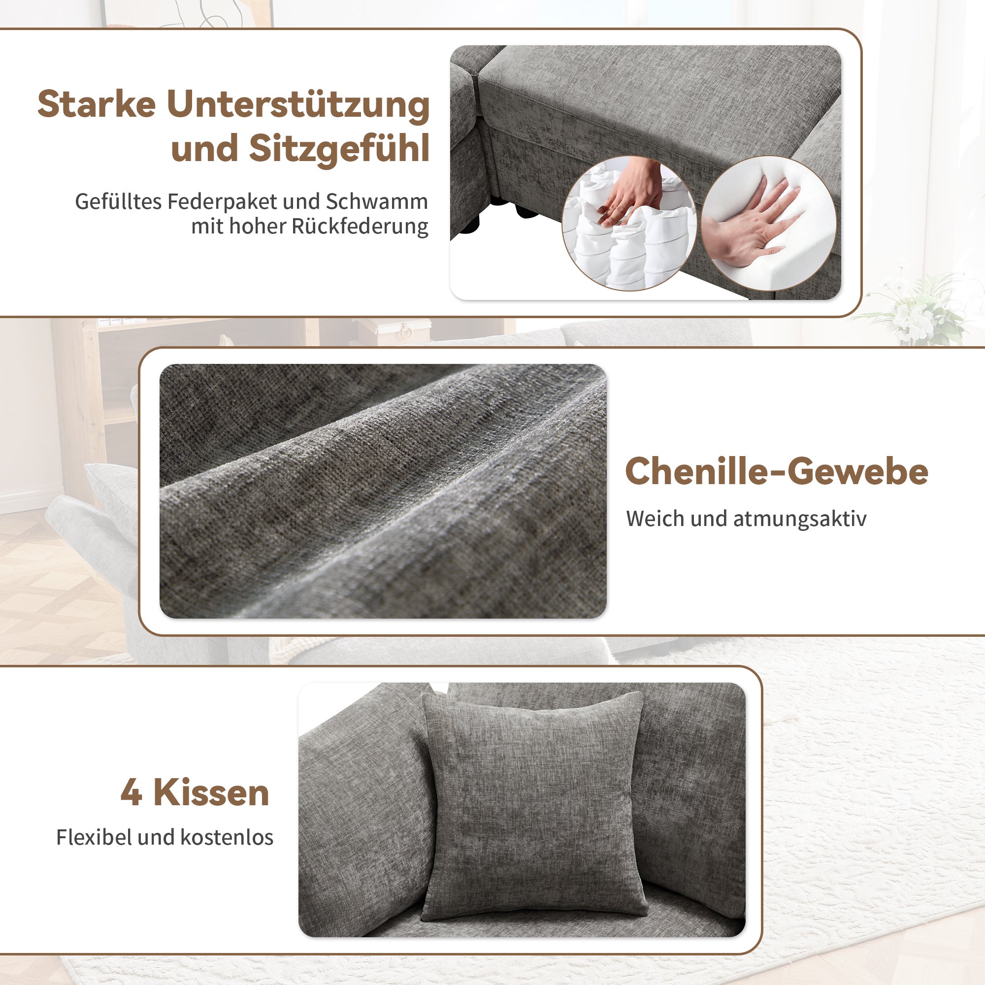 Canapé d'angle 3 places avec repose-pieds et accoudoirs réglables - 218 x 156.5 x 86 cm - Tissu en chenille - Gris - 9