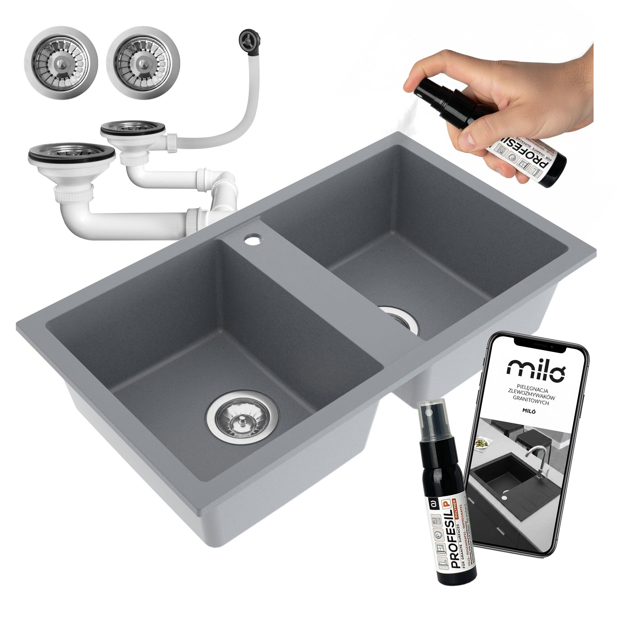 Zlewozmywak dwukomorowy Prado szary w zestawie z syfonem przyściennym