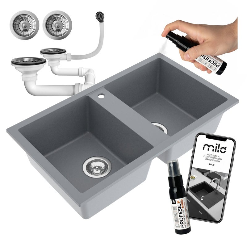 Zlewozmywak dwukomorowy Prado szary w zestawie z syfonem przyściennym