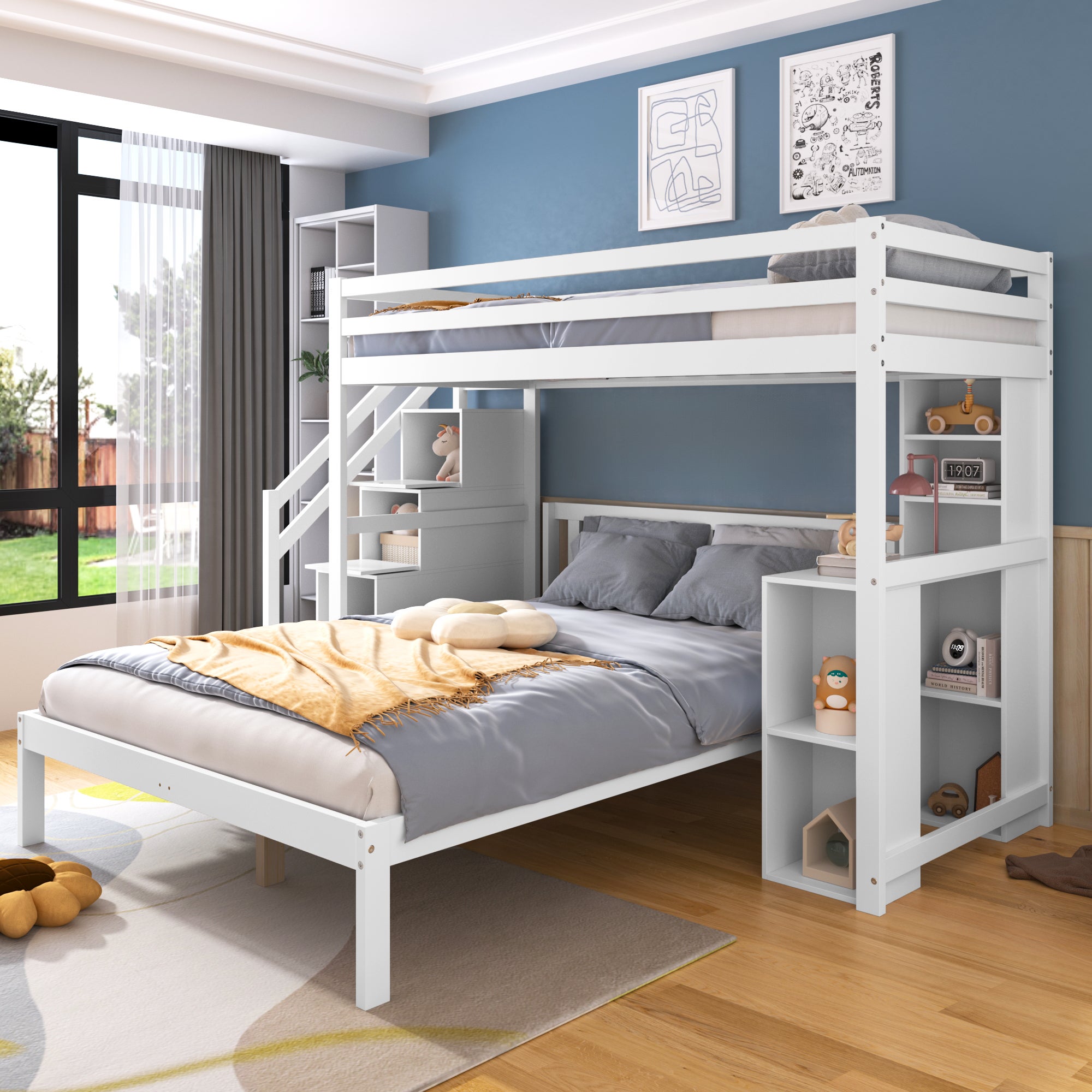 Letto A Castello In Legno Massello 90x200 + 140x200 Cm, Con Contenitore Idraulico E Scala Portaoggetti