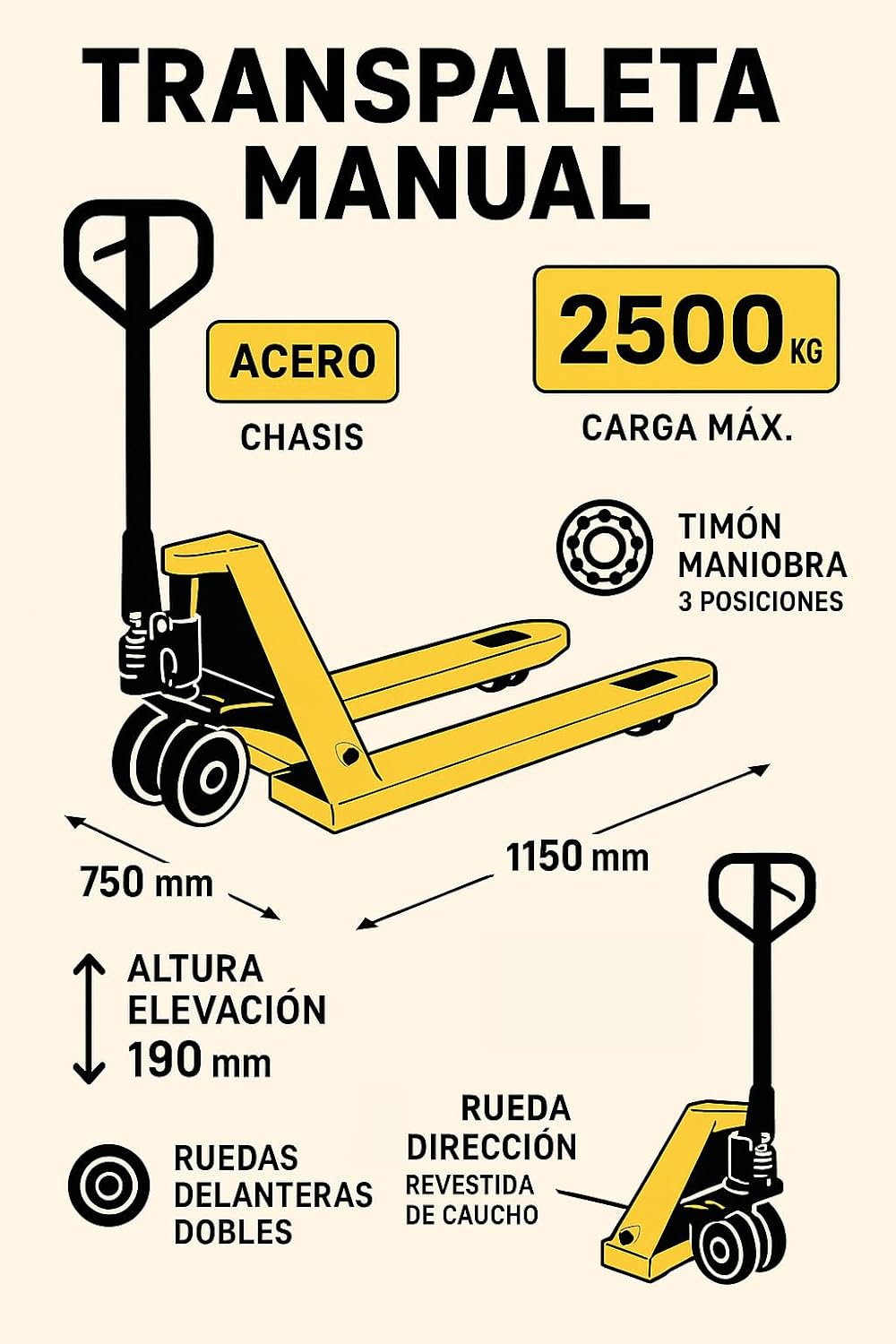 Porta-paletes Benza BZ251150 Garfo longo, (Carga 2500 kg, Altura dos garfos 75 - 190 mm, Construção em aço) - 3