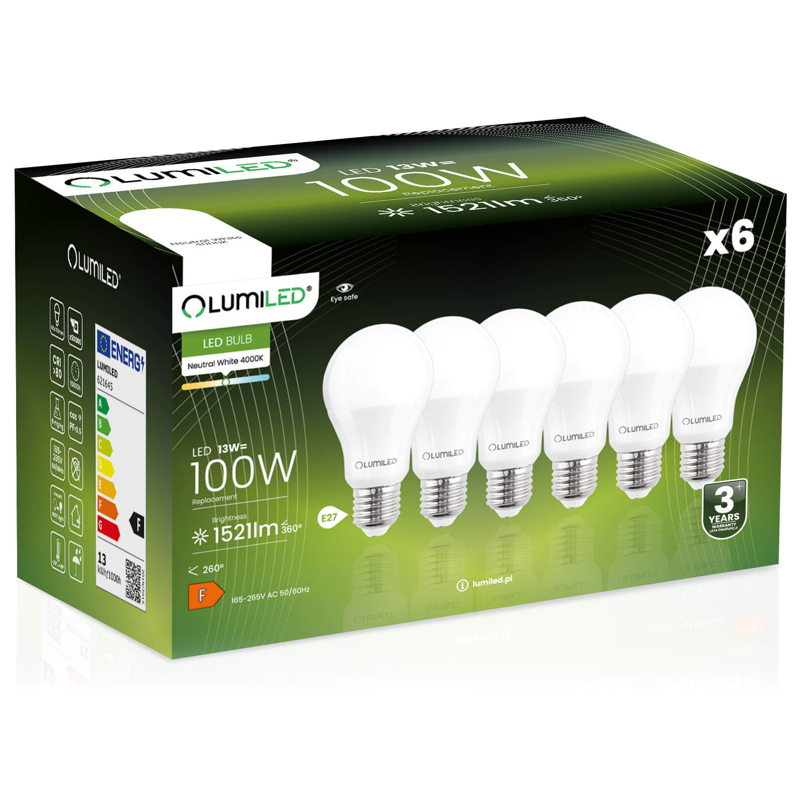 6x Żarówka Lumiled LED E27 A60 13W = 100W 1521lm 4000K Neutralna 260st