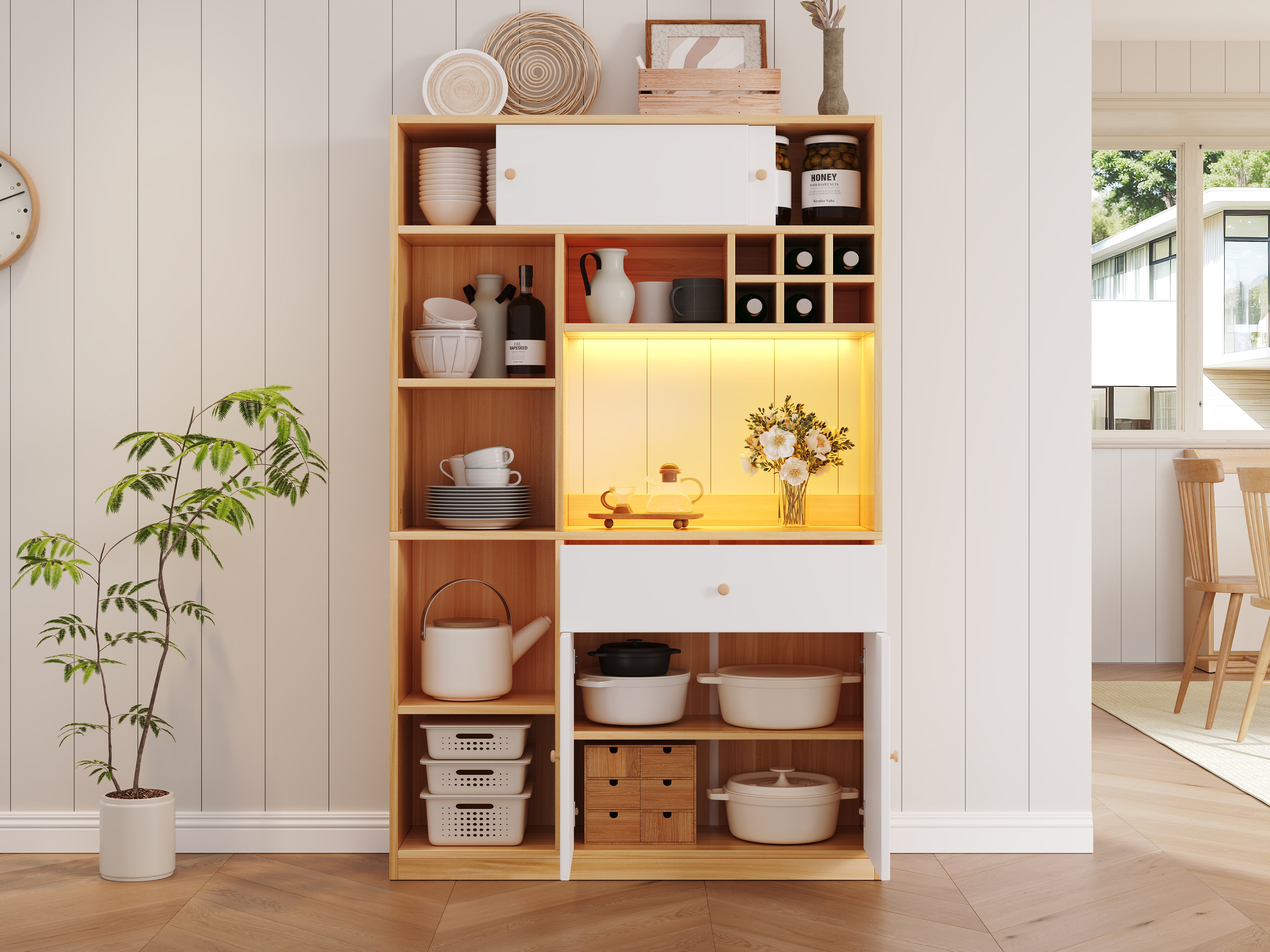 Kredens kuchenny z 4 drzwiami, 1 szufladą, regałem na wino i półkami - 115 x 35 x 180 cm - diody LED - Płyta wiórowa - Biały + naturalny - 5