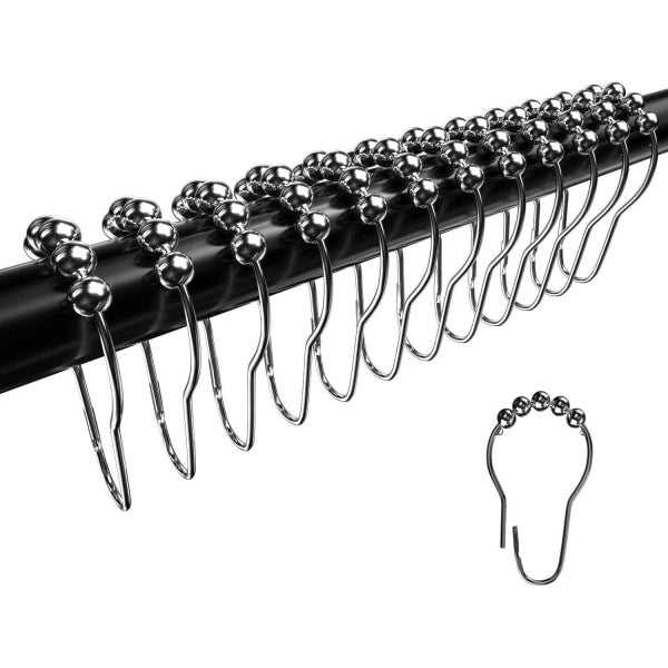 Lntyq 24 Pcs Anneaux de Douche en Acier Inoxydable 74 x 42 mm, Crochets de Rideau de Douche avec Système Coulissant, Billes Glissant en Métal pour Tiges de Rideau de Douche, Rideaux (Argent