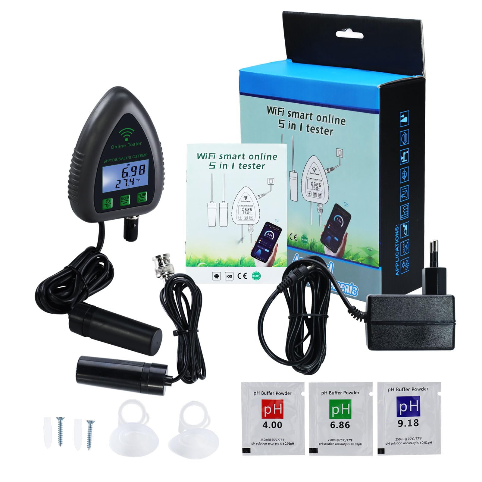 Testeur de qualité de l'eau Tuya WIFI 5 en 1, surveillance en ligne du pH/TDS/salinité/SG/température, facile à calibrer, avec fonction d'alarme - 8
