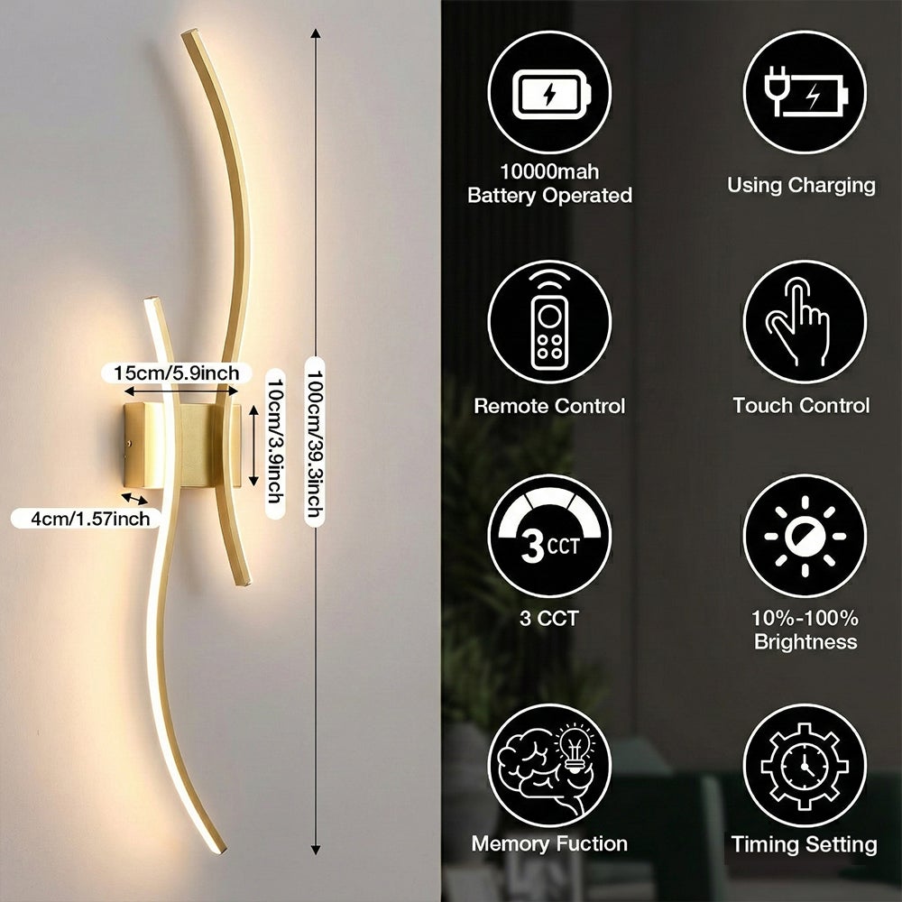 Ładowalne kinkiety ścienne 100 cm, bezprzewodowe oświetlenie LED z pilotem, pilot 3000K-6000K Oświetlenie ścienne do salonu, sypialni Złoto - 3