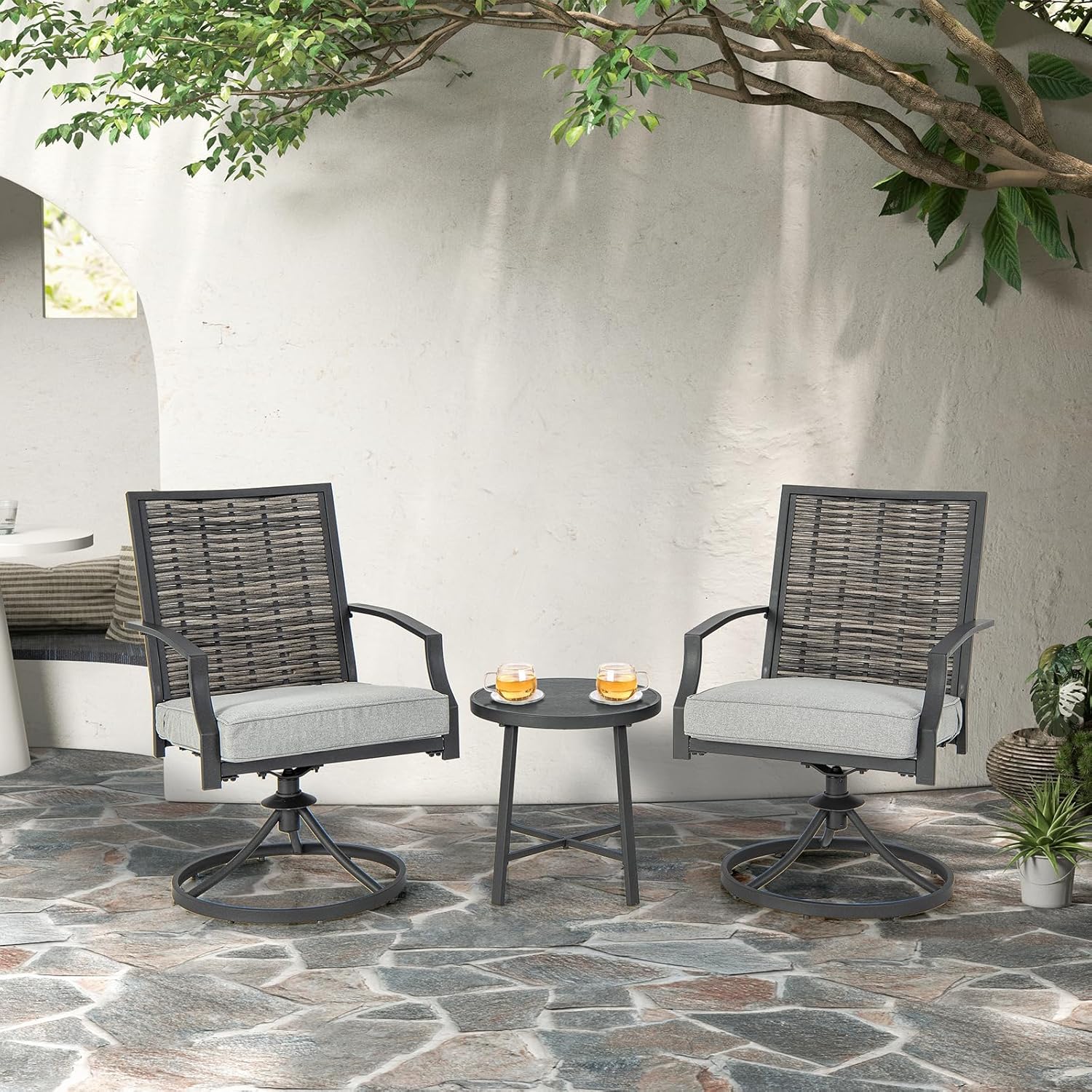 Set Salotto da Giardino in Rattan PE, Set da Esterno con 2 Poltrone Girevoli, 2 Cuscini e Tavolo, Set Attedo Giardino Struttura in Ferro, per - 9