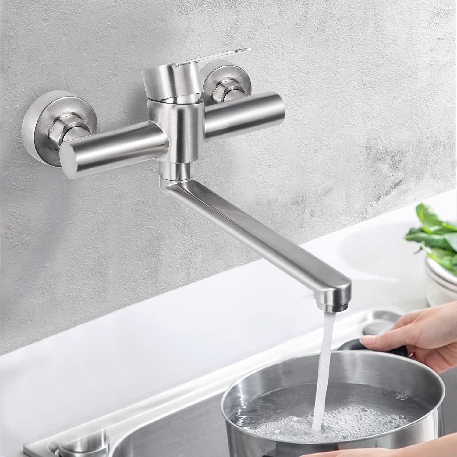 Rubinetto da cucina a parete, miscelatore a parete in acciaio inossidabile, lavello da cucina girevole a 360°, acqua calda e fredda, spazzolato - 6