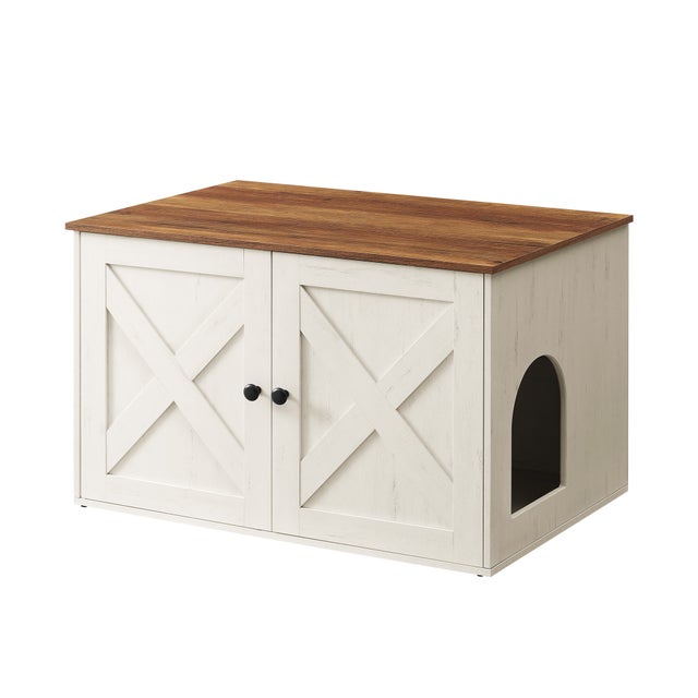 Maison de Toilettes pour Chat, Niche, Meuble Litière Chat, Table Basse, 80 x 53 x 50 cm, Marron Miel et Blanc Rustique