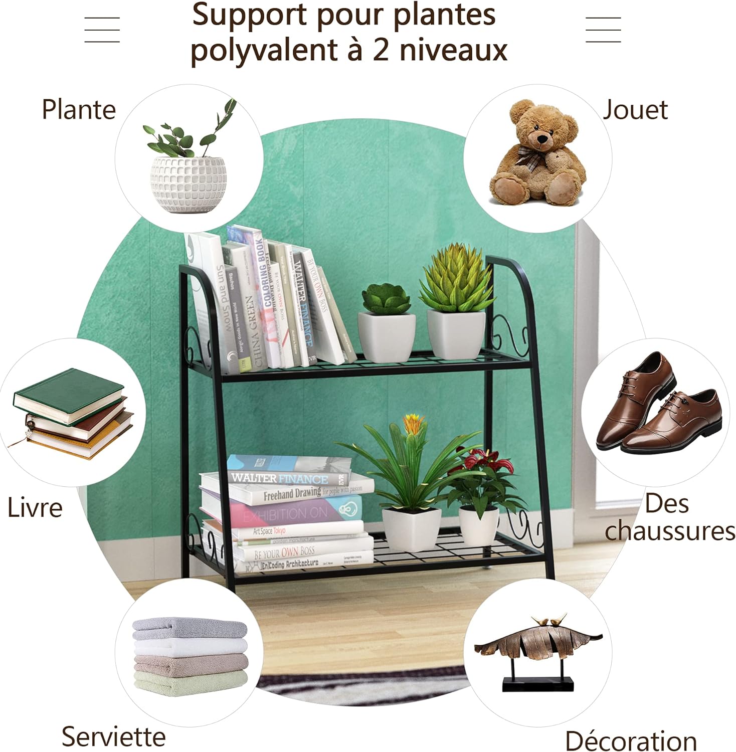 Etagère de plantes à 2 etages en métal en forme d'echelle intérieur/extérieur avec pied réglable - 5