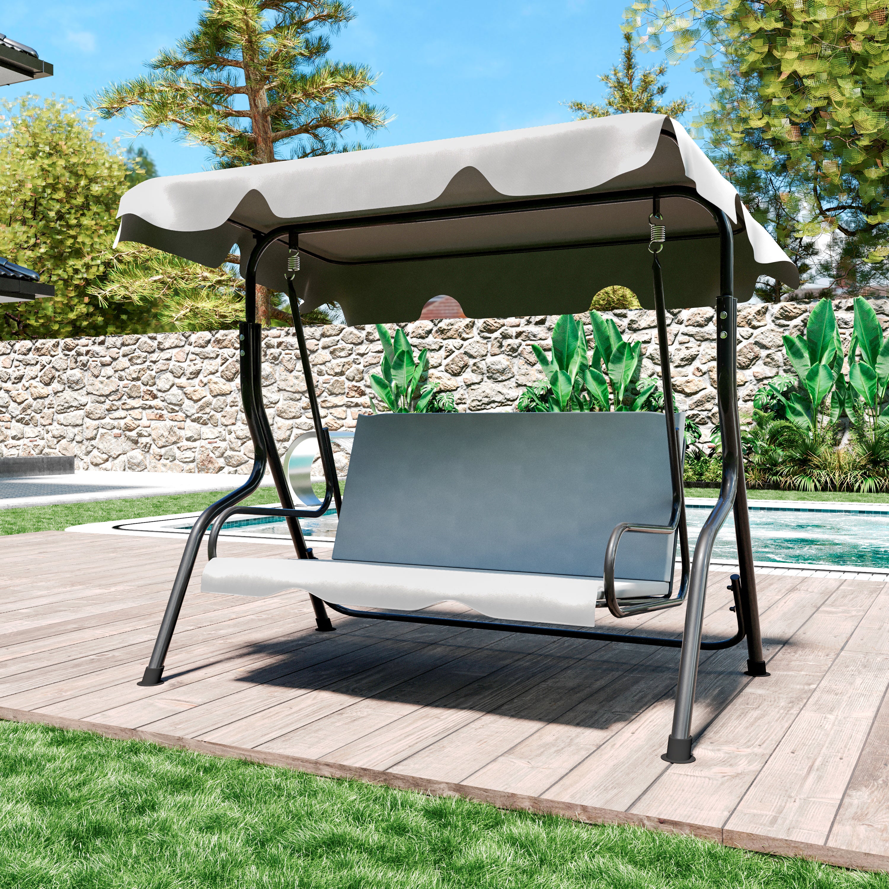 Dondolo 3 Posti Algarve Con Tettuccio Parasole Regolabile Cuscini Imbottiti Struttura Robusta In Acciaio Da Giardino 170 x 110 x 153 cm Grigio - 2