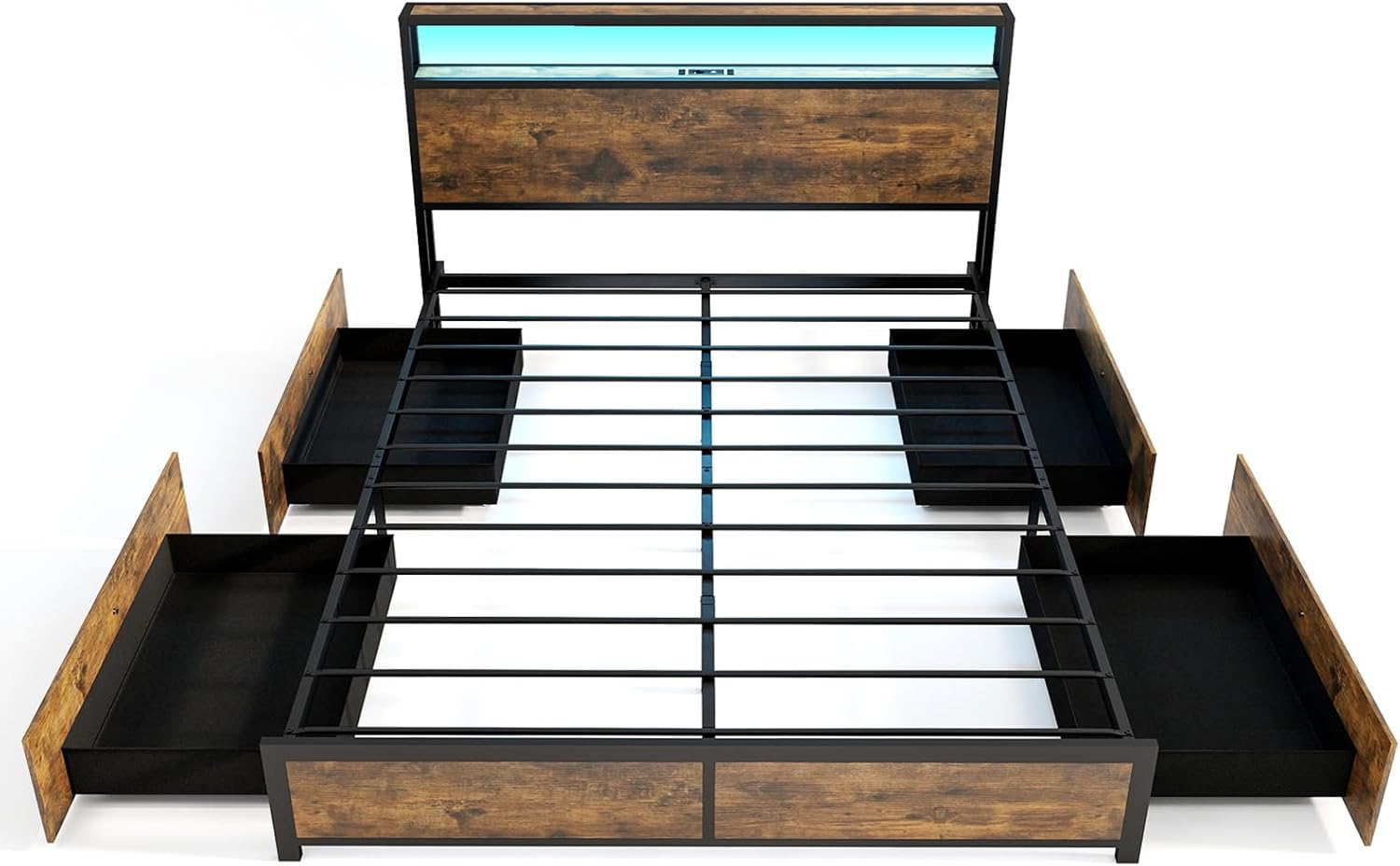 Letto con 4 Cassetti e Testiera, Struttura Letto 200x160 cm con Luci LED Regolabile e Presa Multipla, Carico Massimo 300kg, Silenzioso (200x16 - 9