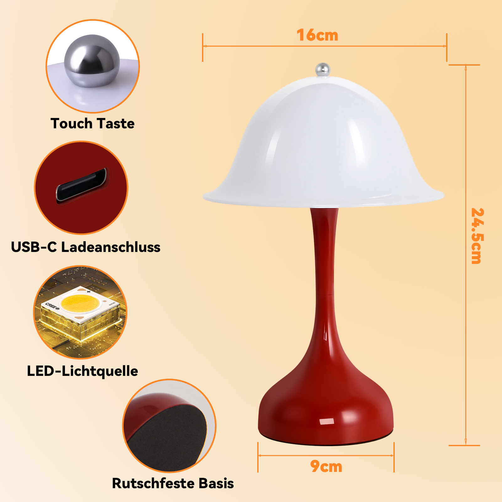 ZMH Bezprzewodowa lampka nocna LED z ładowaniem przez USB i dotykowym sterowaniem oraz ściemnialnym czerwonym kloszem do sypialni i wystroju domu - 3