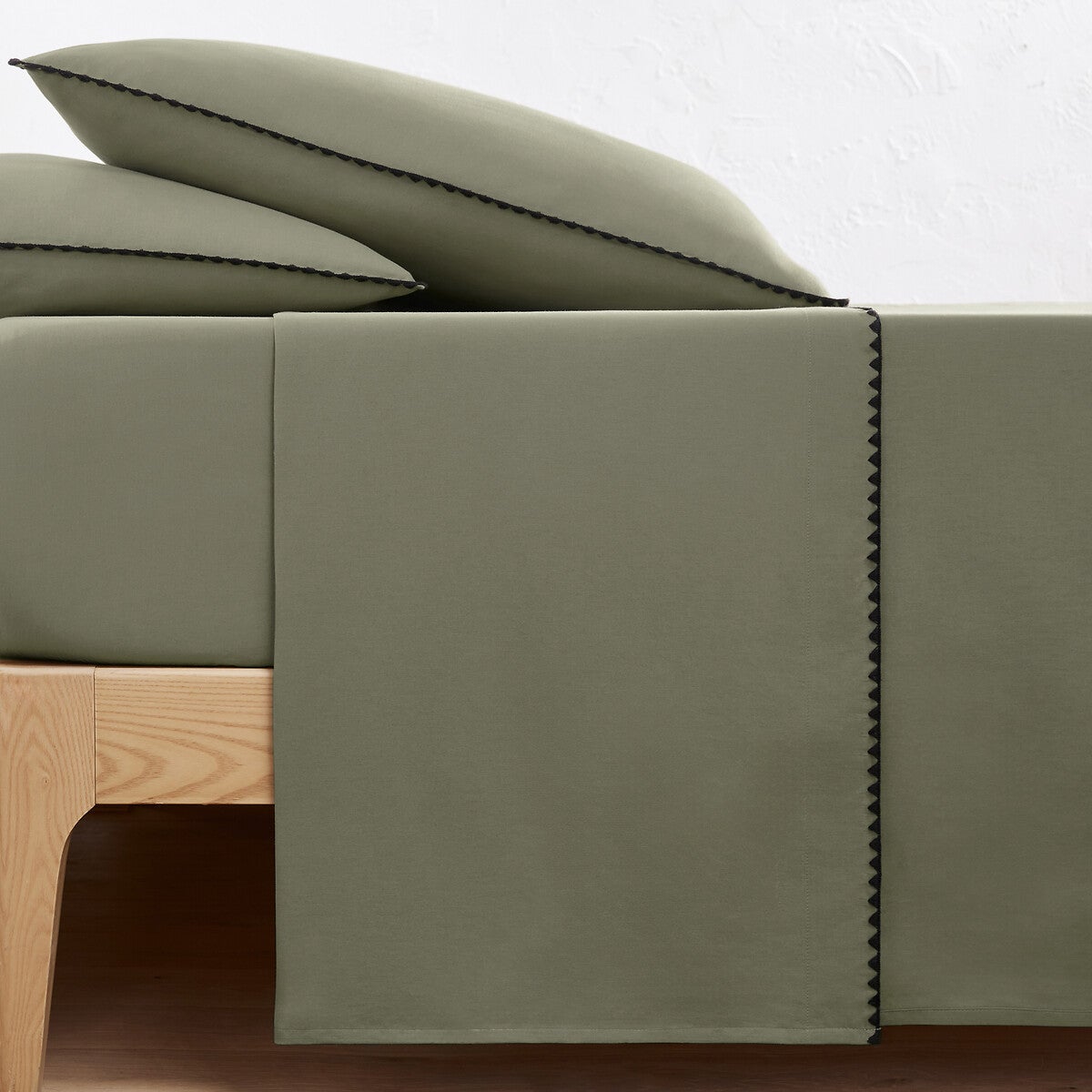 Drap plat uni en coton lavé, brodé, Merida - Lin/noir - 180 x 290 cm - 6