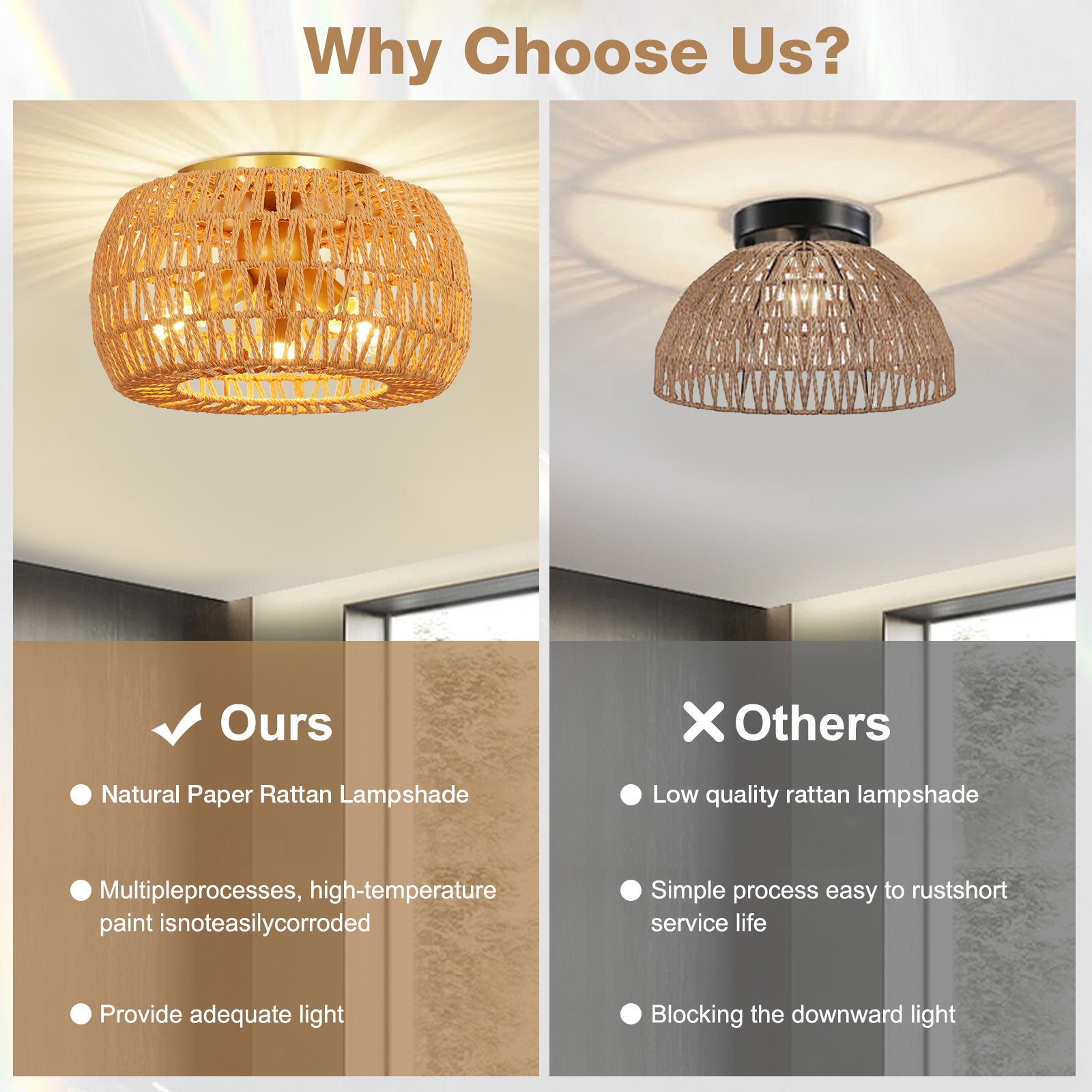 Lámpara de Techo de Ratán Vintage 3 Bombillas - Lámpara Boho con Pantalla Natural para Salón, Dormitorio o Cocina - Estilo Rústico y Acogedor - 6