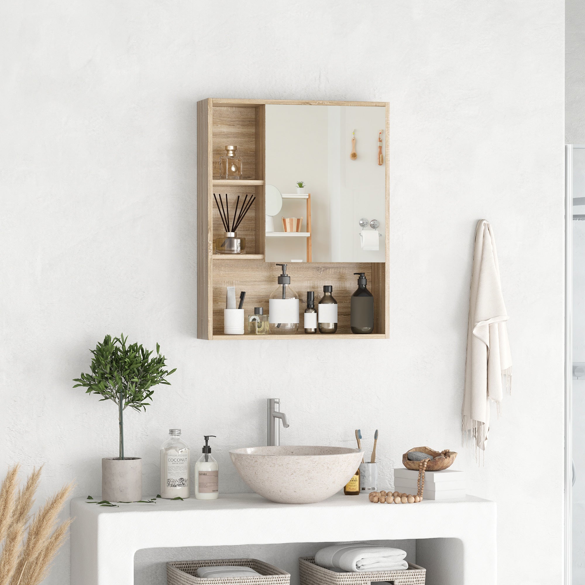 Armoire Murale avec miroir pour salle de bain Meuble de Rangement suspendu Couleur Bois de chêne dim. 60Lx15lxH76cm - 3