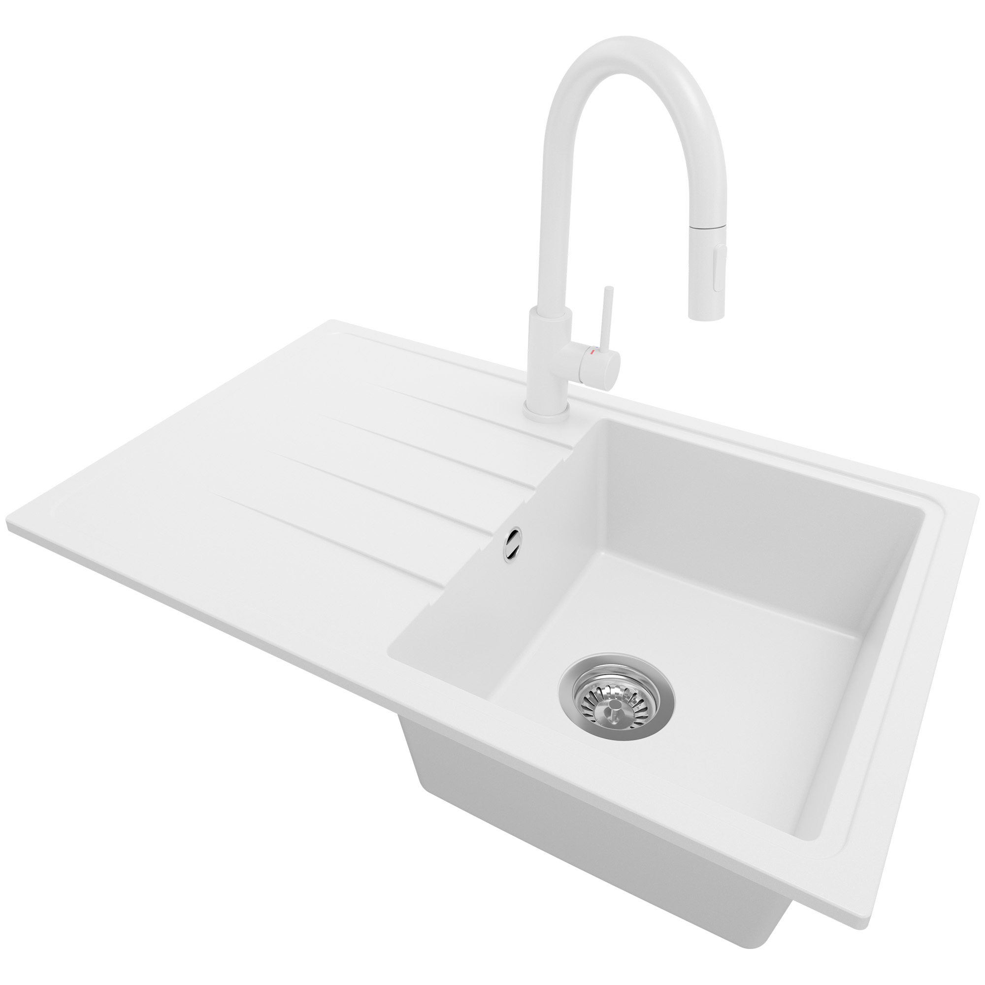 Zlewozmywak Granitowy Biały 78x50cm, Zlew Kuchenny 1 Komorowy + Bateria 40x20cm + Syfon, Nablatowy do szafki od 45cm - Mediolan PRIMAGRAN