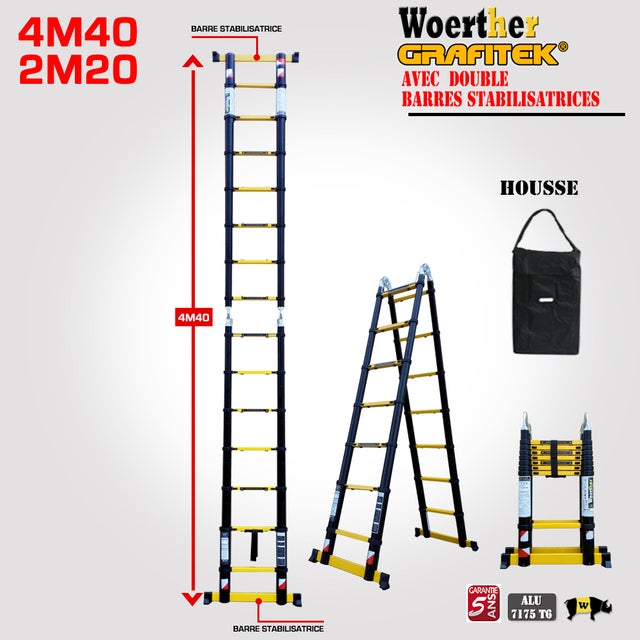 Echelle-escabeau Télescopique 4m40/2m20 Woerther Grafitek 2 Barres Stabilisatrices + Housse
