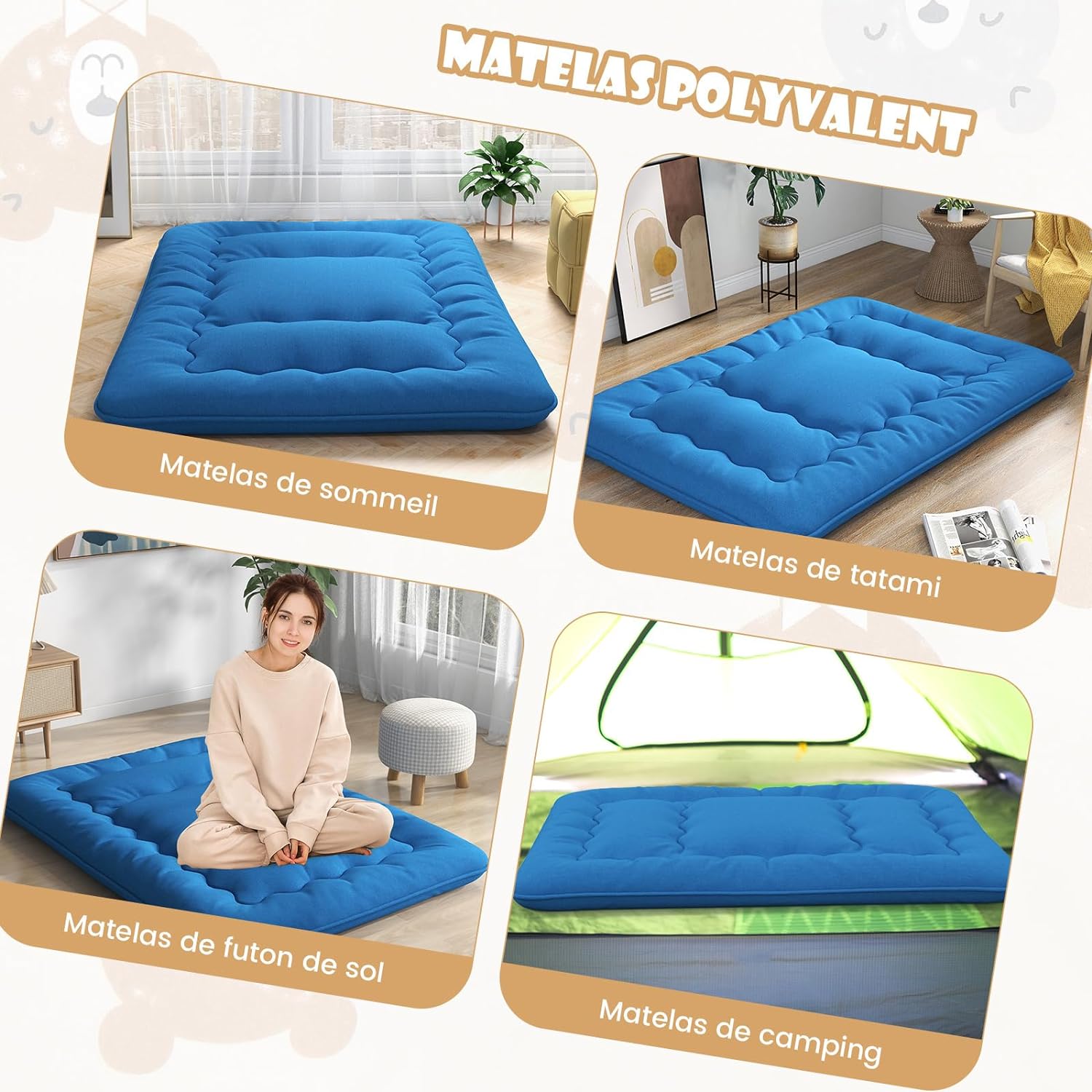 Matelas Futon Portable Pliable, Matelas Futon Japonais 90 x 200 cm, Housse Lavable,d'Invités (Bleu) - 3