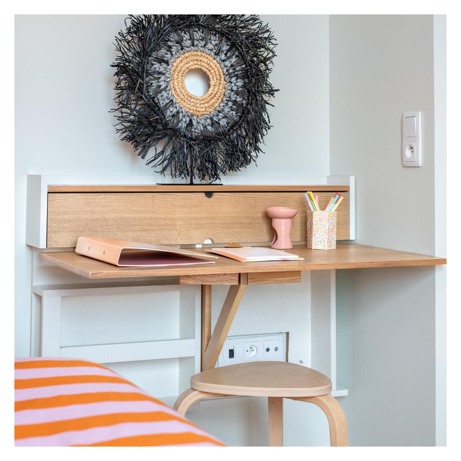 Bureau mural rabattable chêne et blanc 100cm - avec passe câbles - 9
