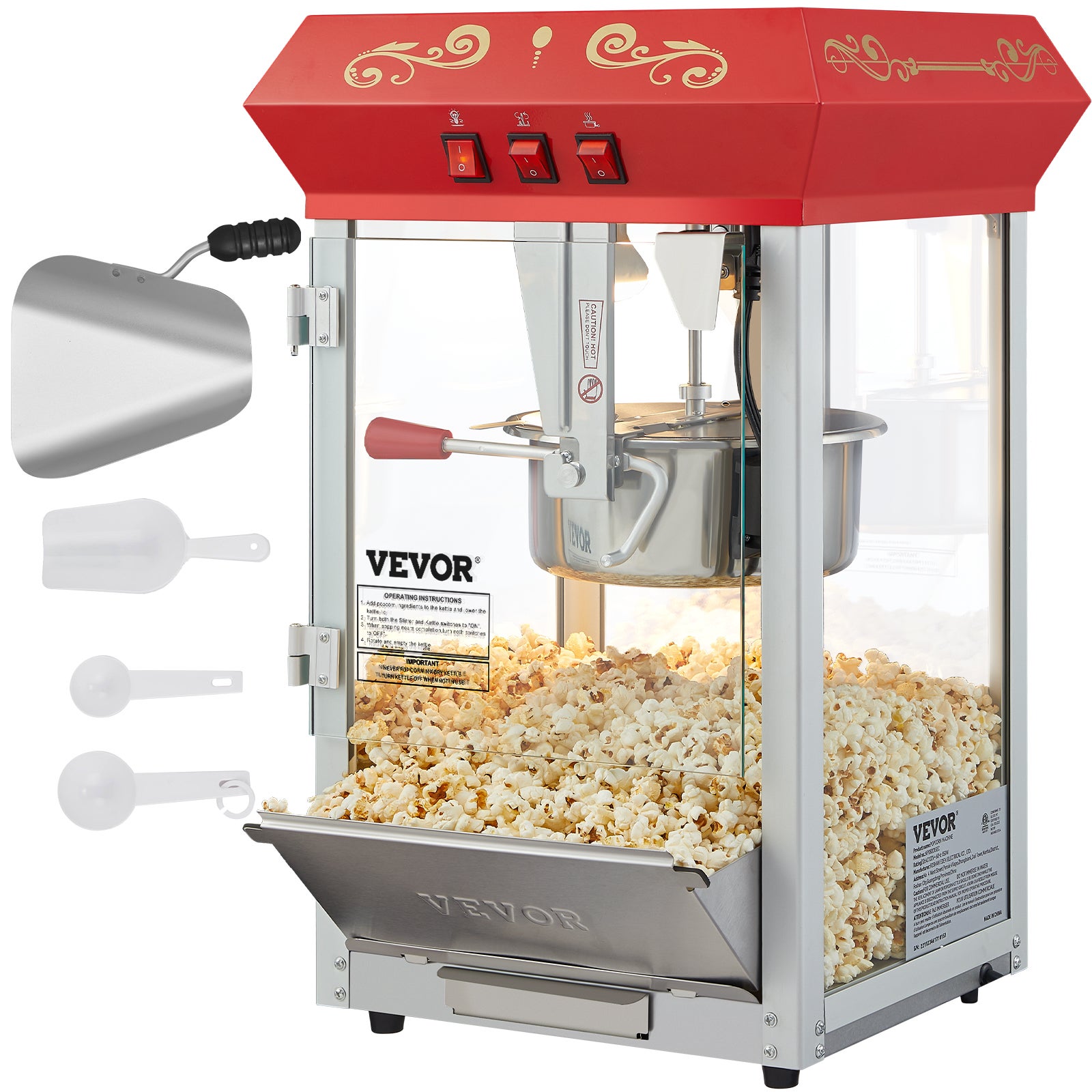 Maszyna do Popcornu VEVOR 850 W – Elektryczna Maszynka Nablatowa, Garnek 227 g / 48 Filiżanek, Szkło Hartowane, Styl Kino, Czerwona
