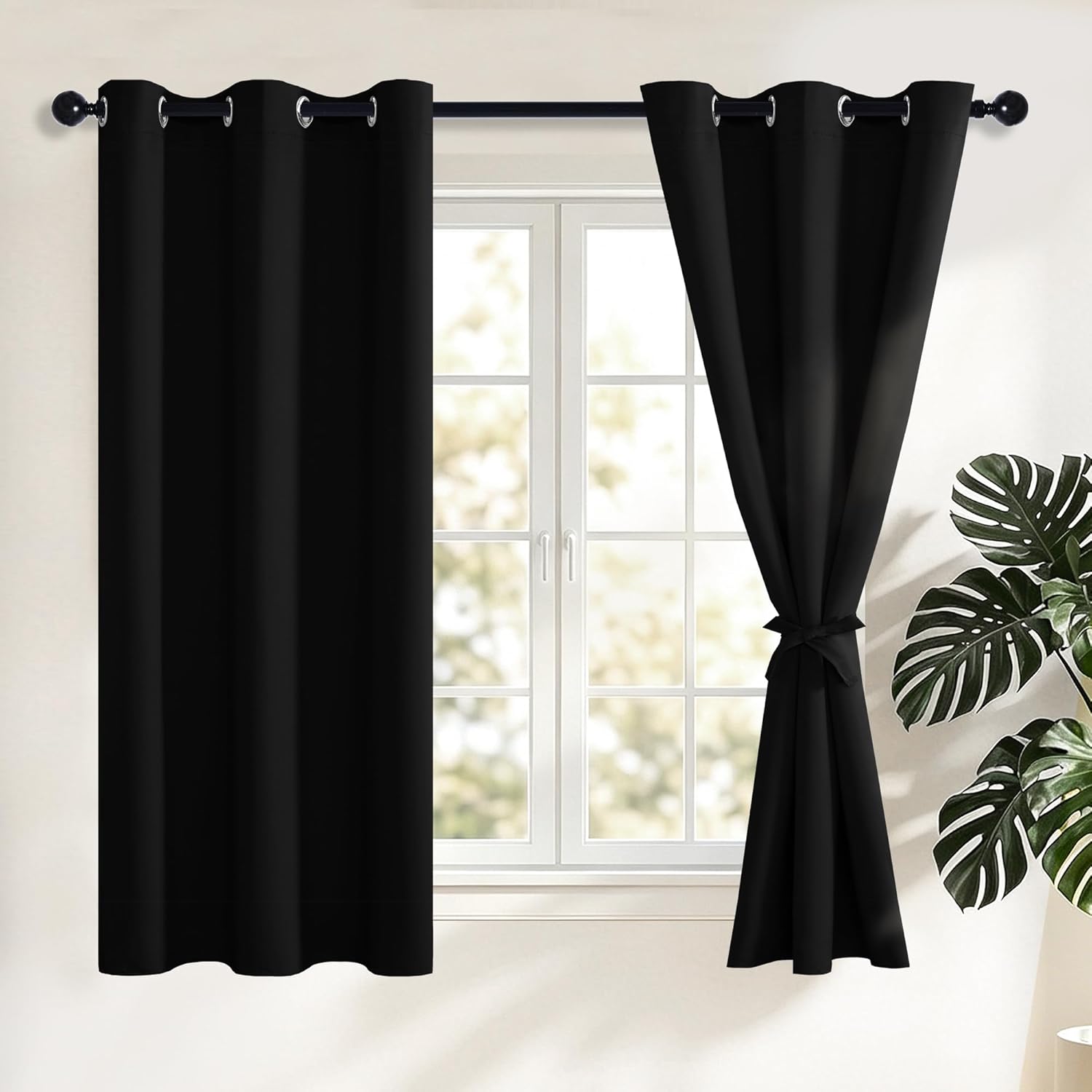 Rideaux occultants thermiques avec embrasses, isolants anti-froid et chaleur, anti-bruit, à œillets, 117 x 137 cm, noir, 2 pieces 2buc