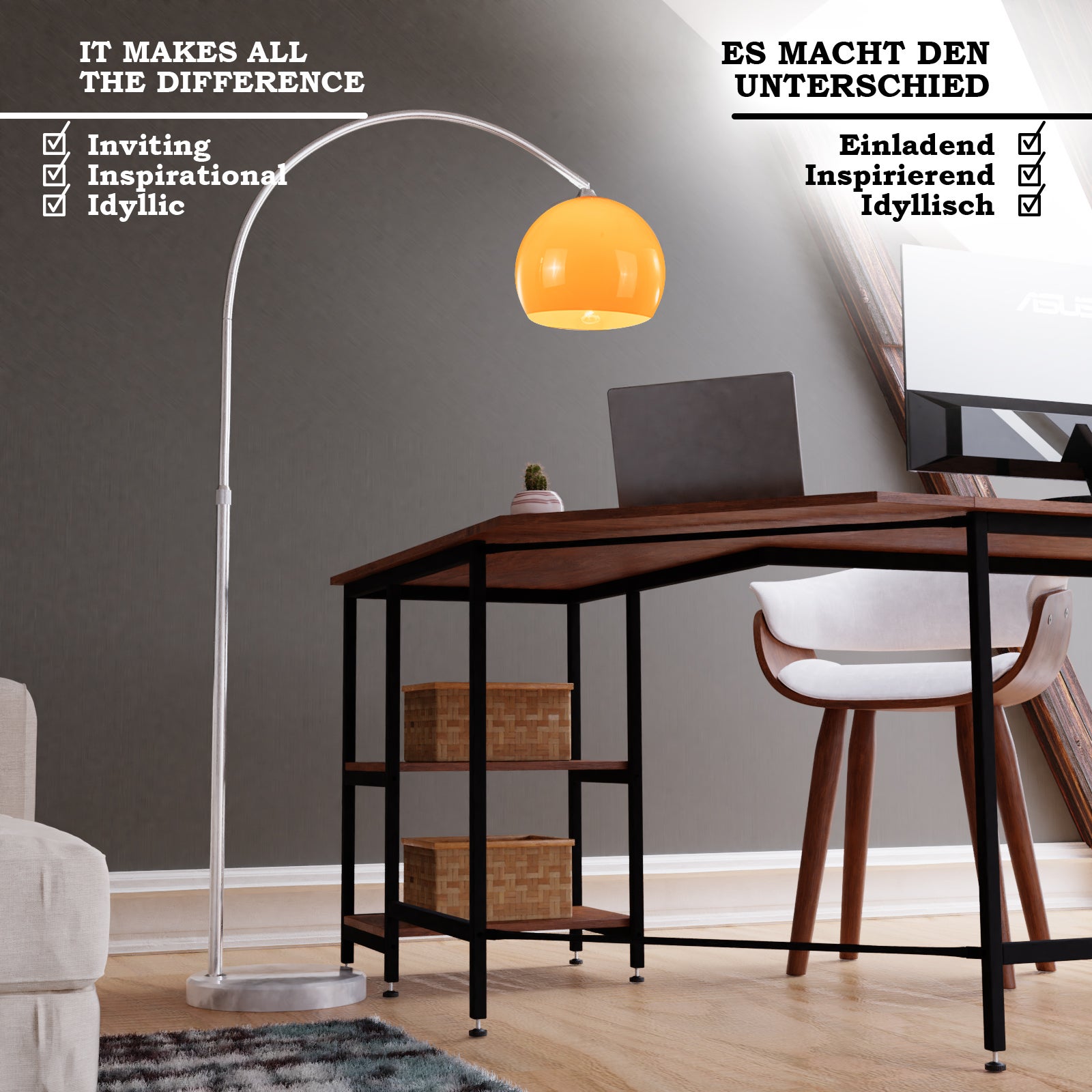 Lampe sur Pied - à Archet, max. 8/60W avec Ampoules Régulières/LED E27, Hauteur Réglable, Inox, Abat-jour Rotatif 360°, Orange - 2