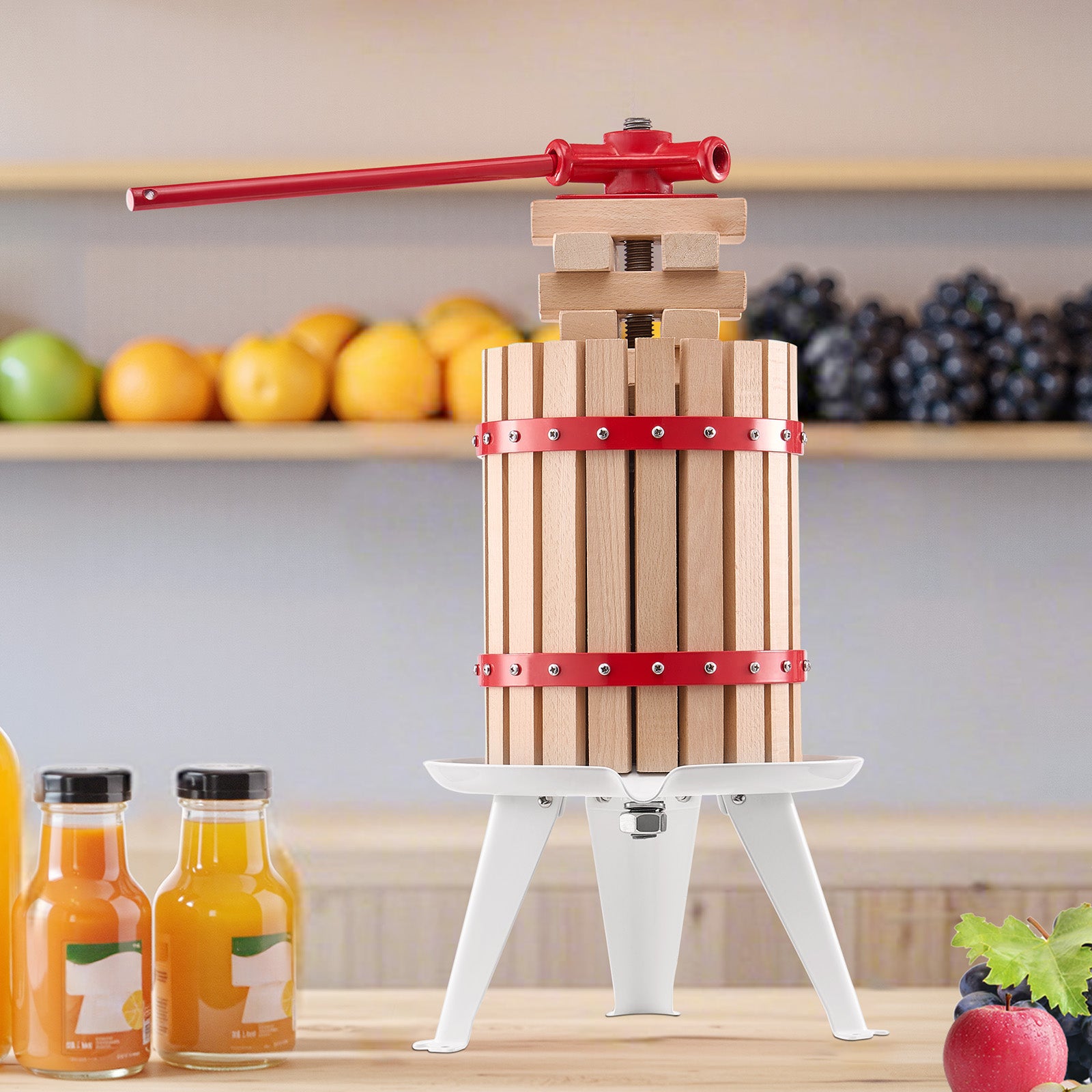 Prensa de Frutas e Vinho VEVOR 1,6 Gal/6L,Cesta de Madeira Maciça com 8 Blocos,Prensa Manual Robusta,para Sidra,Maçã,Uva,Casa - 8