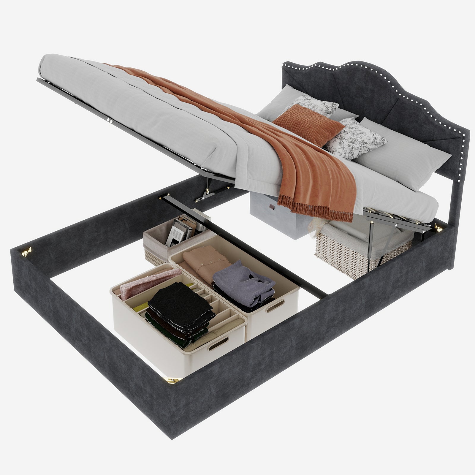 Letto contenitore matrimoniale 160x200 cm, testiera, barre di supporto gonfiabili, grigio metallo, senza materasso - 7