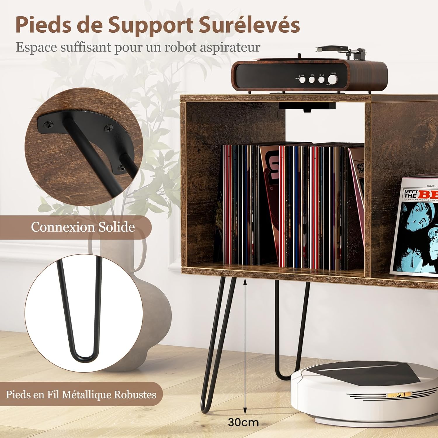 Meuble Rangement Vinyle avec Station de Charge - 2 Prises & 2USB - 66 x 45 x 67CM - Support Tourne-disque avec Séparateur Amovible - Brun Rustique - 6