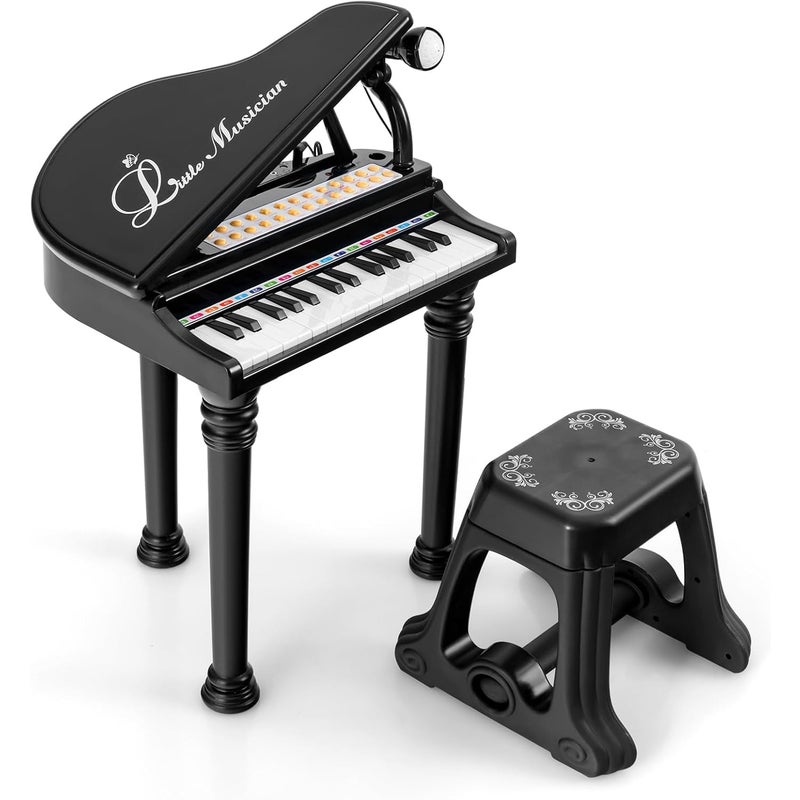 Elektroniczne Pianino dla Dzieci z 31 Klawiszami, Klawiatura Elektroniczna ze Stołkiem, Mikrofonem i 3 Trybami Nauki (Czarne-31)