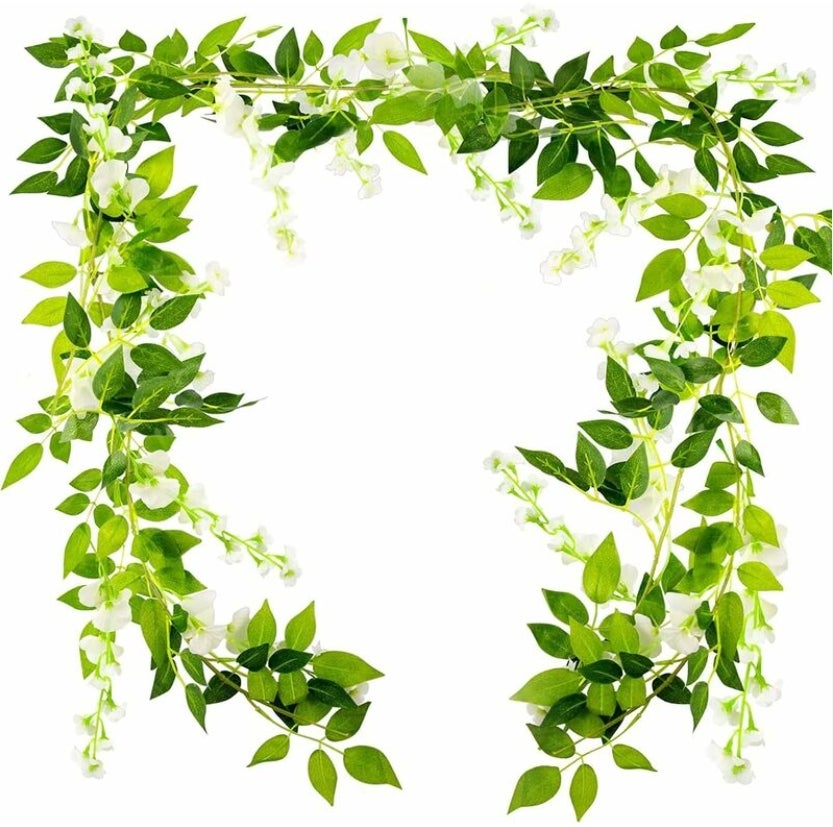 2x7FT Guirlande De Glycine Artificielle Fleur Artificielle Soie Lierre Suspendu Plante Décoration Murale Plante Décoration De Jardin (Blanc) - 4