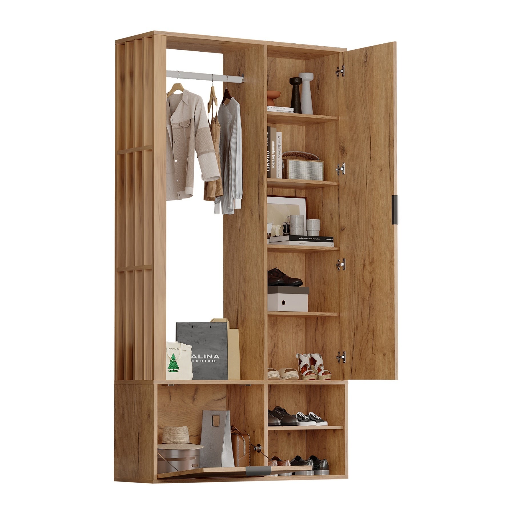 Ensemble vestiaire d'entrée 100x33x190cm - avec meuble à chaussures - avec miroir - 2 portes - panneaux de particules - naturel - 4
