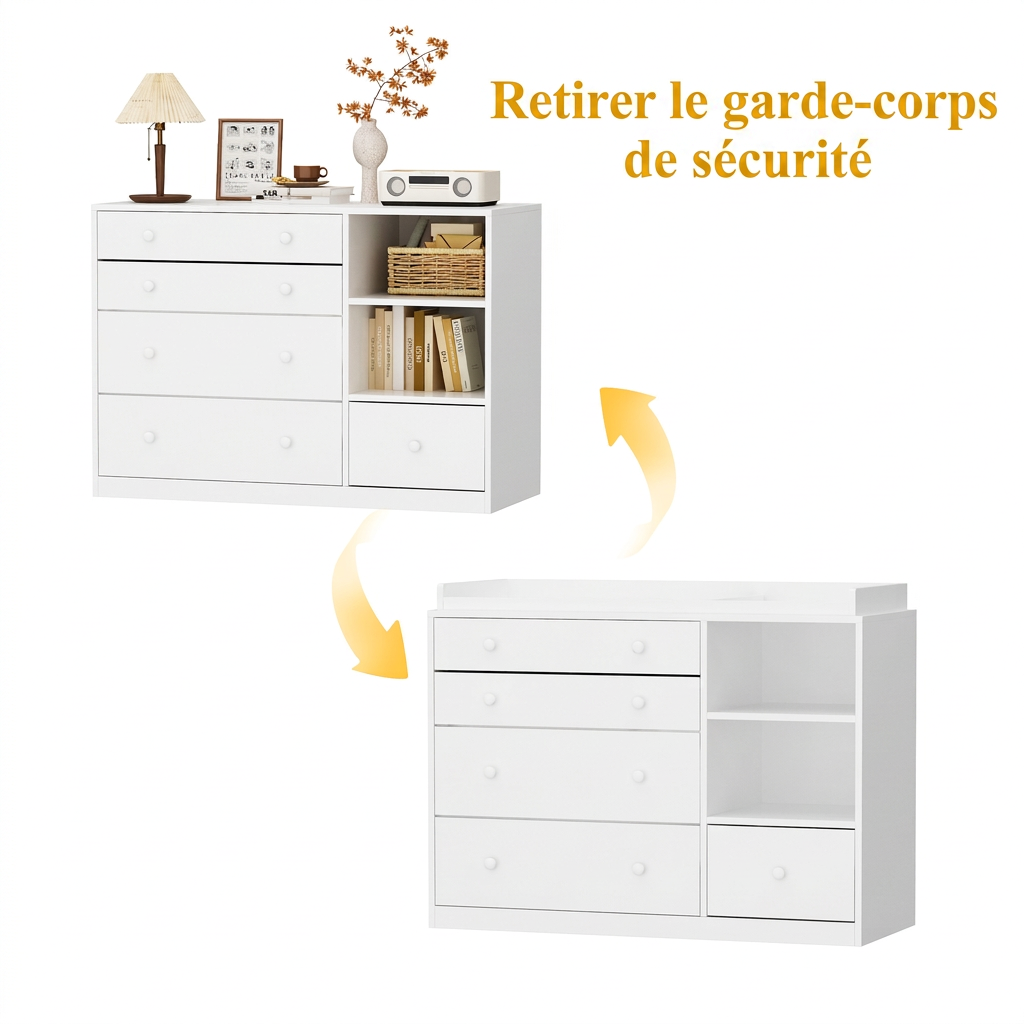 Meuble à Langer pour bébé,Table à langer,Commode,Compartiments ouverts,5 tiroirs et étagères,Chambre,Blanche,120x50x91.5cm - 4