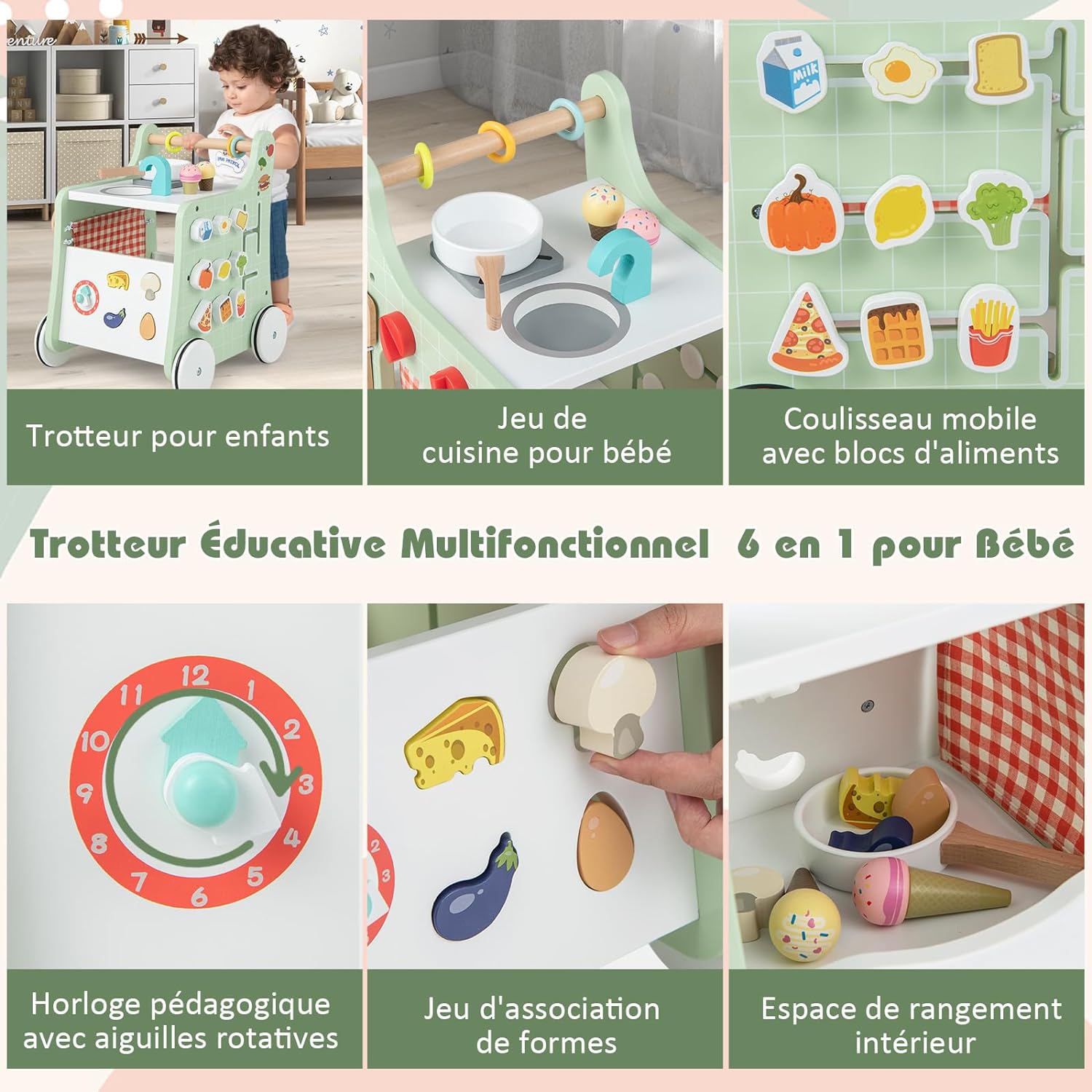 Trotteur En Bois Avec Cuisine De Jeu - Jouet D'Activité Et Marcheur - À Partir De 12 Mois - 4