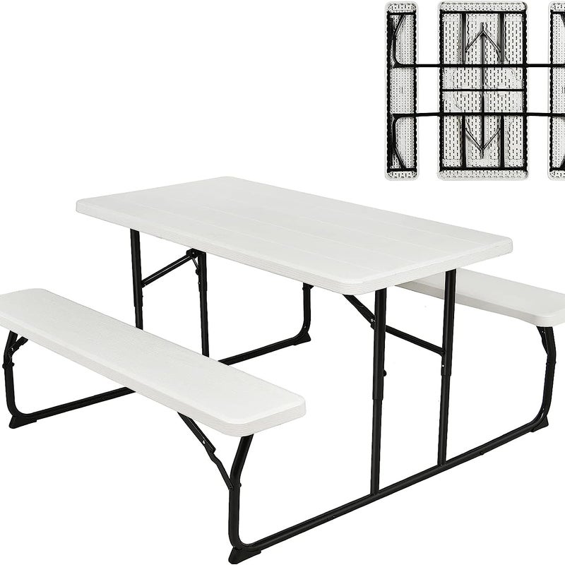 Składany stół piknikowy z ławkami, 136 cm, zestaw stołów kempingowych do użytku na zewnątrz, do namiotu piwnego, na taras, do ogrodu (biały)