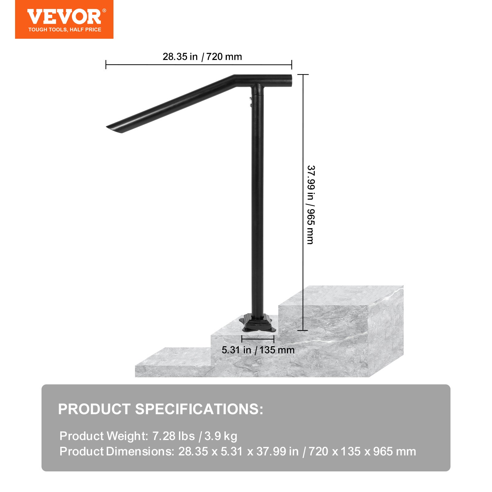 Main Courante d’Escalier VEVOR 71,3x101,5 cm en Fer,Pour 1–3 Marches,Tube 2 mm,Base 13,5x13,5 cm,Charge 200 kg,Garde-Corps Robuste - 7