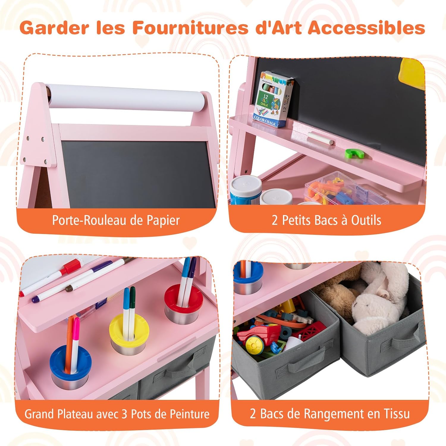 3 en 1 Chevalet d'Art Enfant avec Tableau Noir & Blanc Magnétique, Tableau Enfant Double Face avec Rouleau de Papier & 2 Bacs en Tissu (Rose) - 6