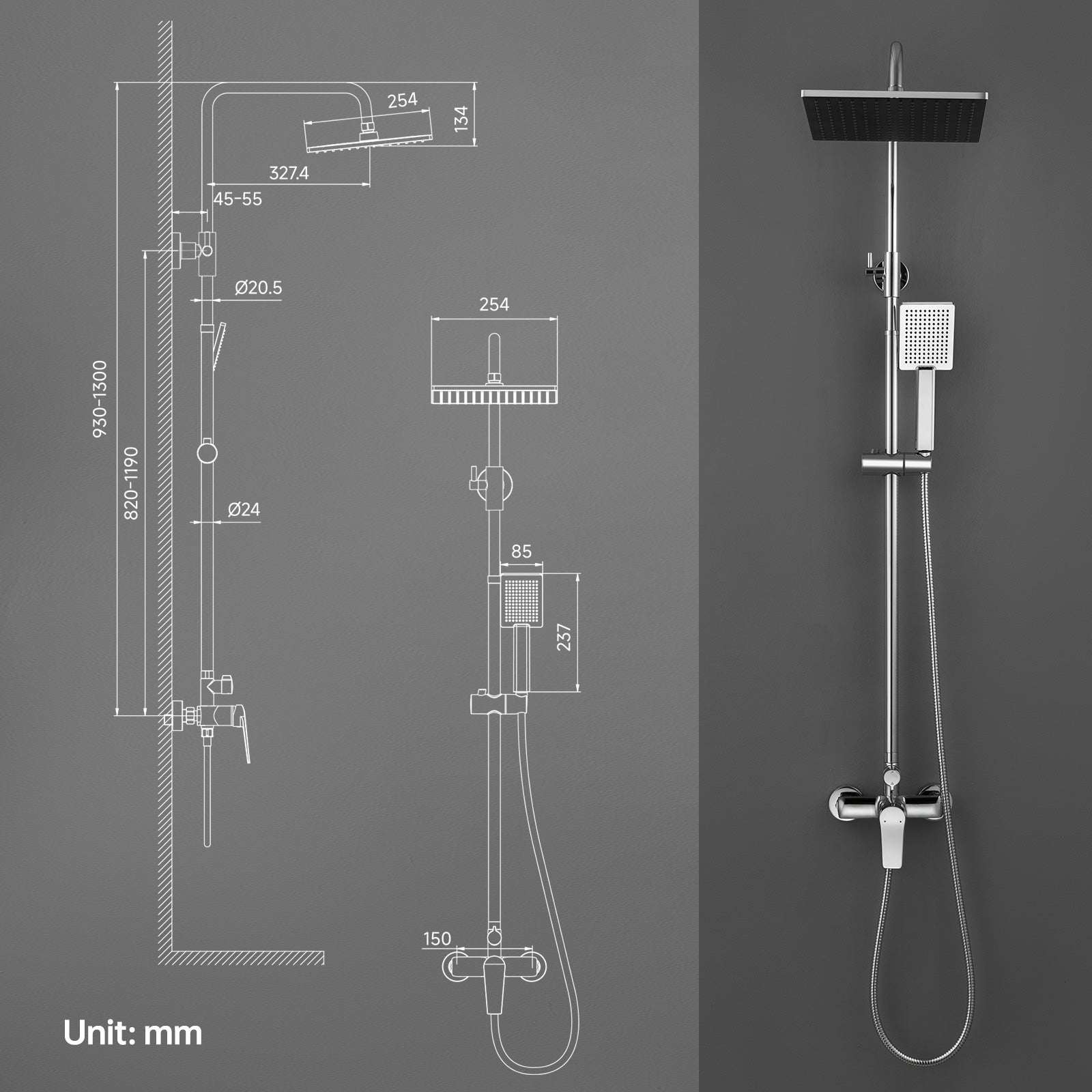 AURALUM MAX Columna de Ducha Cromada con Mezclador Altura Ajustable entre 93-130cm,Sistema de Ducha con Ducha 25.4x25.4cm y Cabezal de Ducha - 4