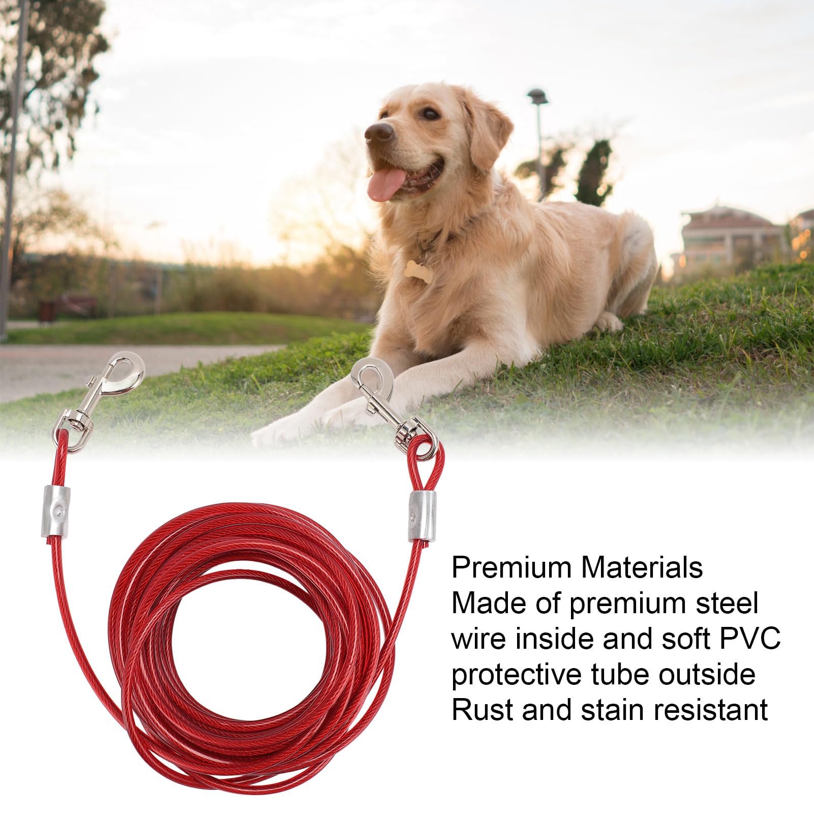 Cabo de amarração de aço para cães, cabeça dupla, resistente a mordidas (6 mm x 5 m / 16,4 pés). - 7