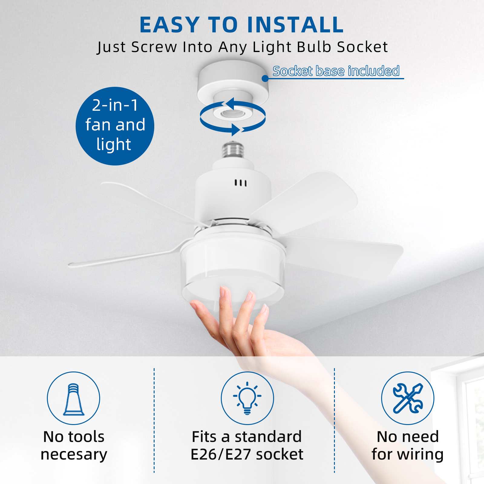 Ventilateur de plafond intelligent 2-en-1 E26/E27 LED télécommande sans outil installation multi-modes éclairage et ventilation éco-énergétique - 2