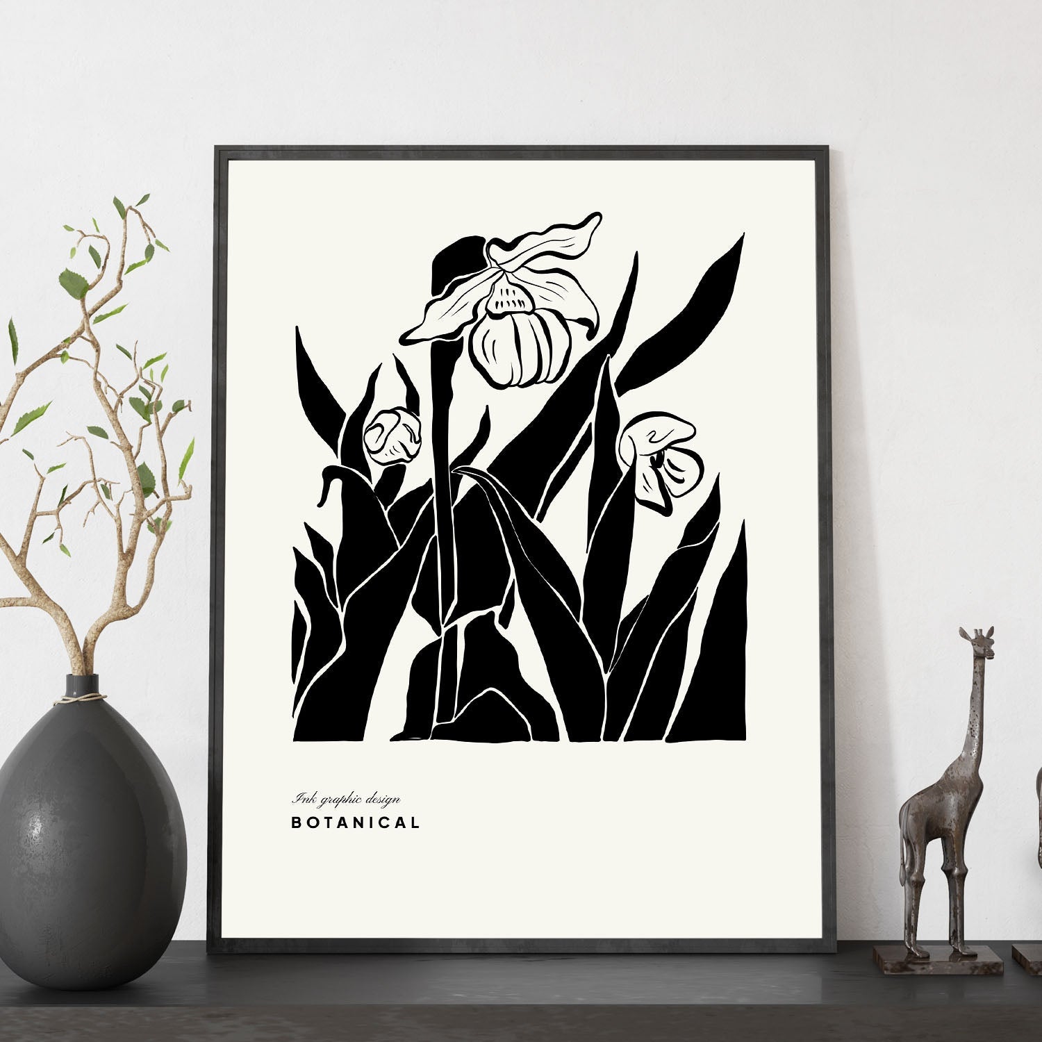 Póster pop art abstracto. orquídeas ilustraciones artísticas modernas para la decoración de interiores. marco madera clara a3