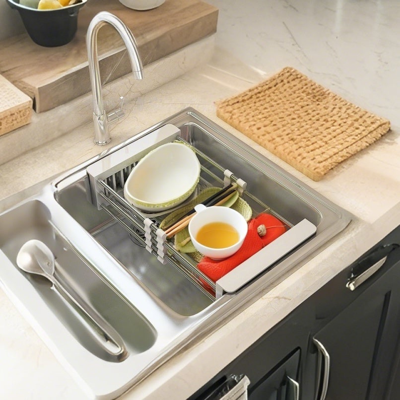 Égouttoir extensible pour évier de cuisine, panier à vaisselle en acier inoxydable, organisateur d'évier gain de place - 5